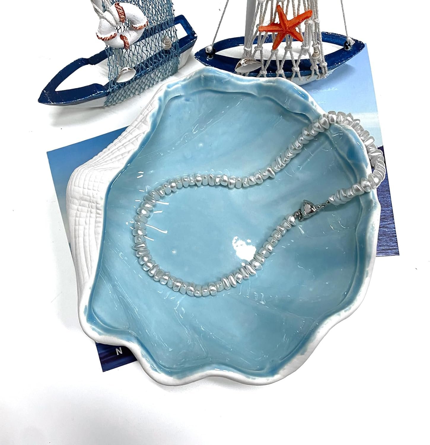 OEM Ceramic Sea Shell Jewelry Dish Holder Cute Key Organizer Plate Vanity Home Decor Accessory Large Light Blue Factory