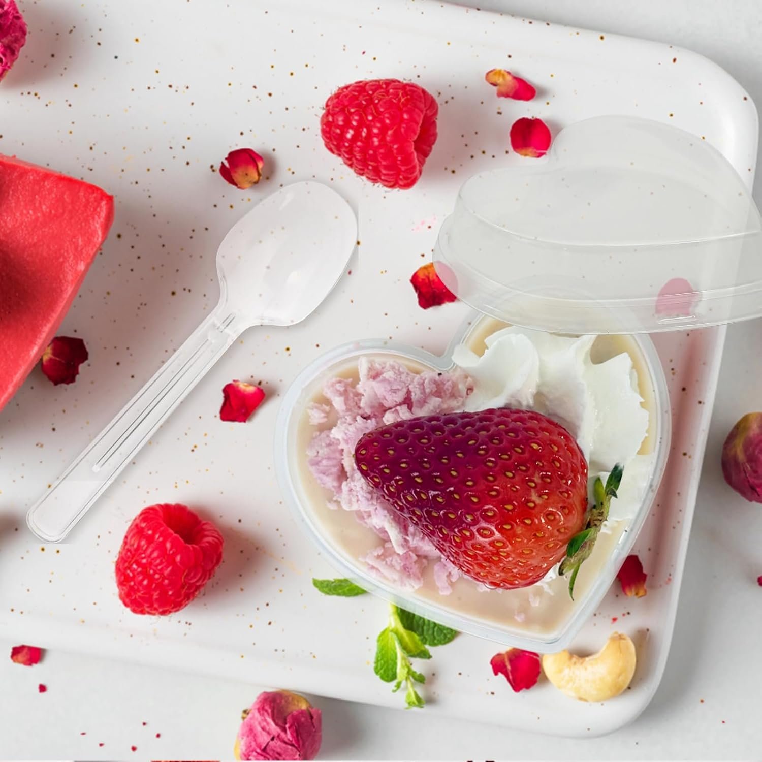 Wholesale 100 Pack 5 oz Disposable Plastic Heart Dessert Cups with Lids Spoons for Parfait Pudding Jello Shooters Parties Yogurt Trifle Mousse Ice Cream Clear supplier