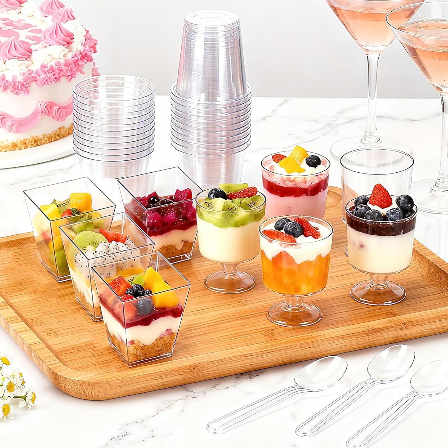 Wholesale 200 Pack 5 oz Clear Square Plastic Dessert Cups with Spoons Disposable Parfait Shooters for Party Trifle Mousse Yogurt Ice Cream Snacks Manufacturer