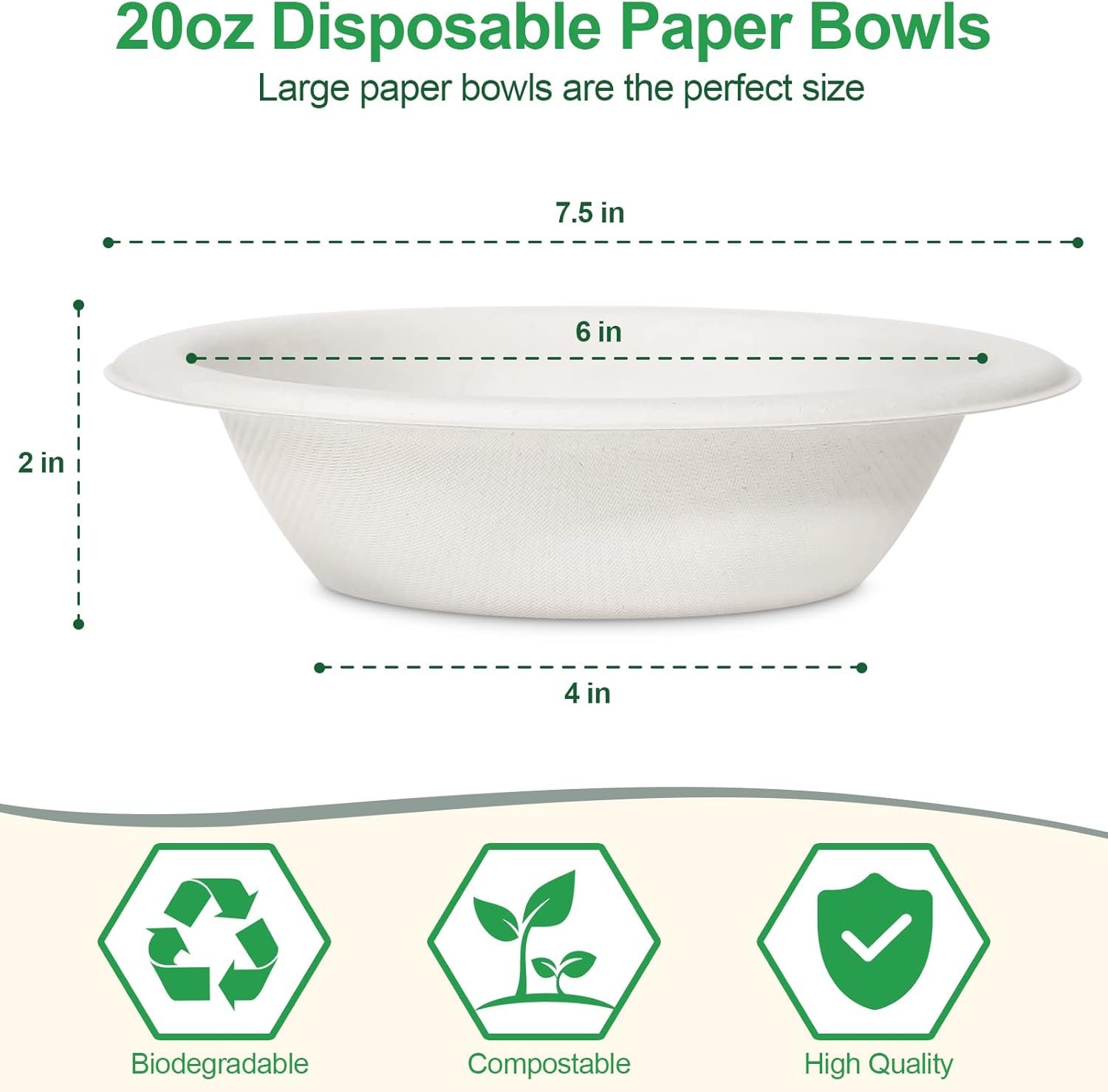 Wholesale 20oz Disposable Heavy Duty Compostable Biodegradable White Bagasse Paper Bowls 50 Pack for Hot and Cold Food Factory