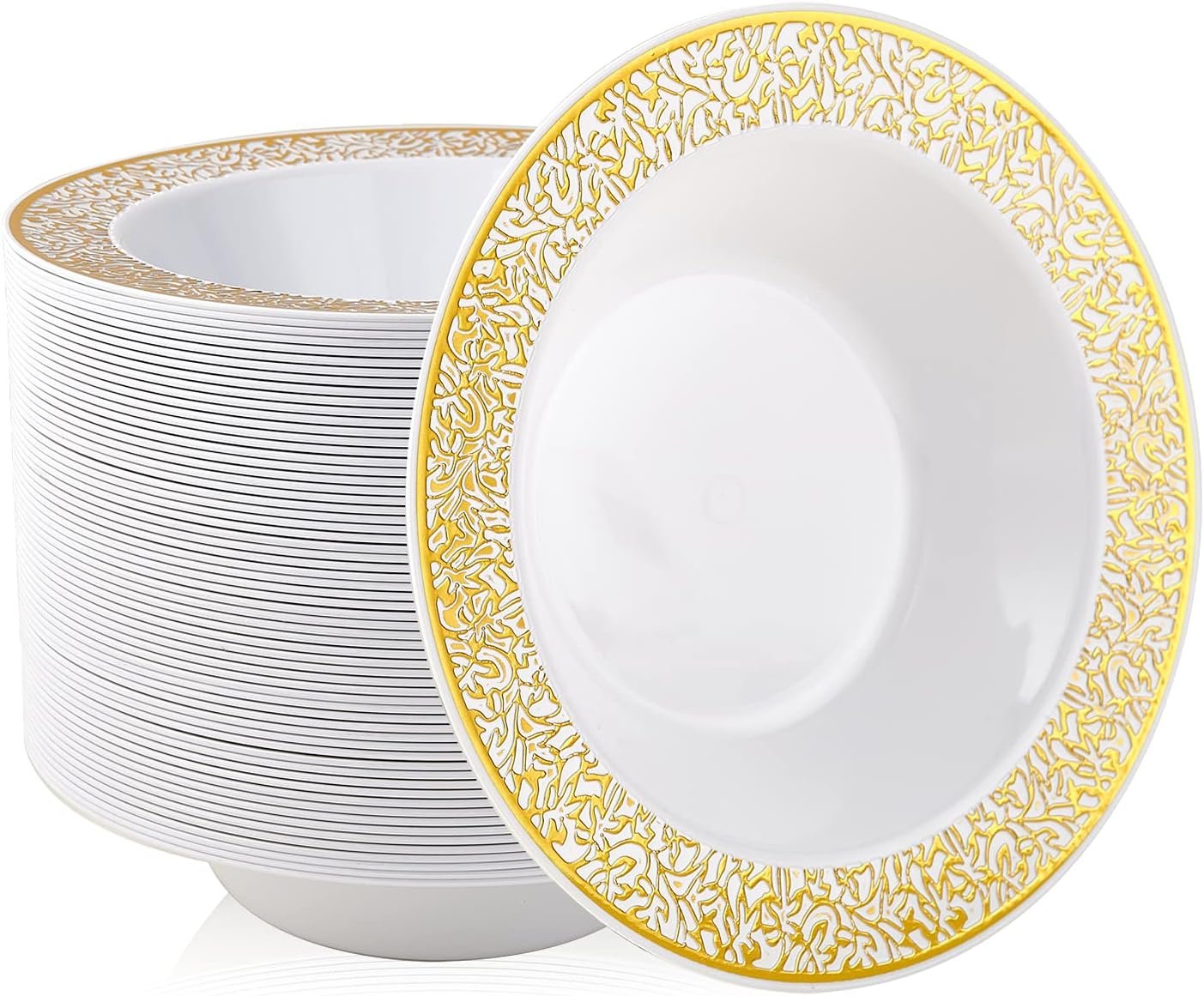 JOLLY PARTY 60 Disposable Gold Plastic Dessert Bowls, 12 oz Soup Bowls, Lace Christmas Thanksgiving Trim, Premium Heavy Duty Plastic Bowl for Wedding/Party (Gold)