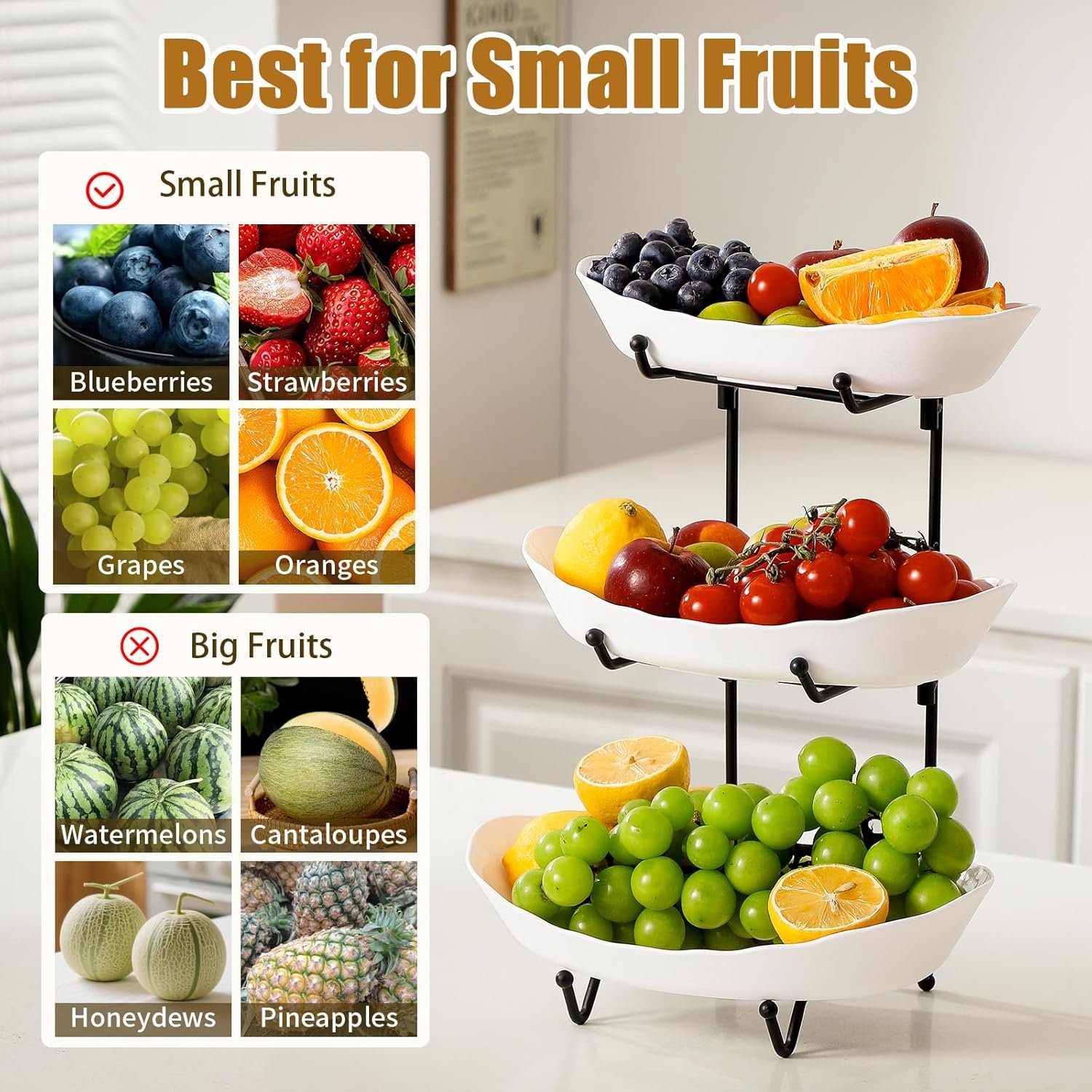 OEM 3-Tier Fruit Basket Black Stand Kitchen Counter Tiered Display Snacks Nuts Cake Dessert Small Cute Kid-Friendly Plastic Manufacturer