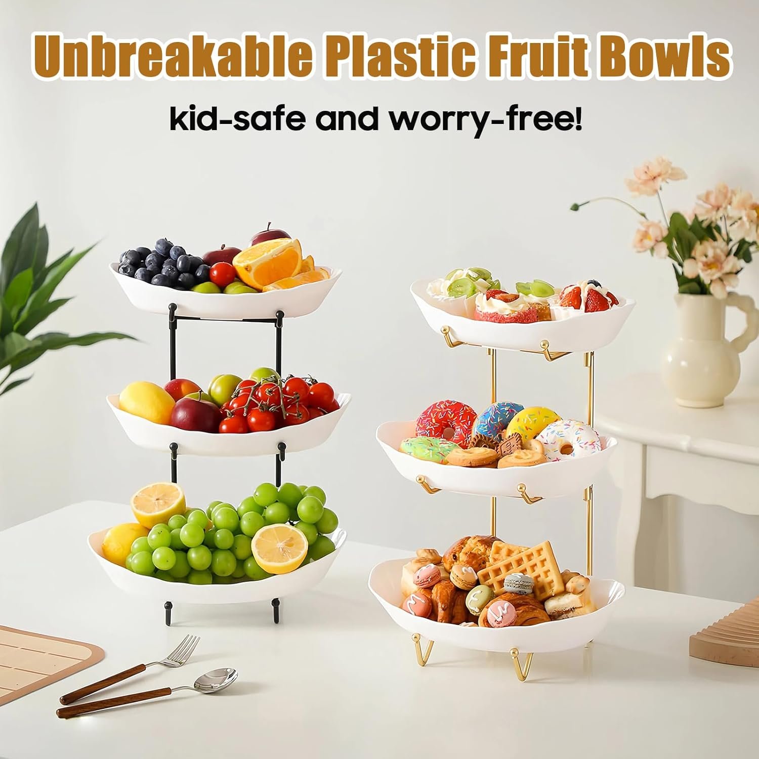 OEM 3-Tier Fruit Basket Black Stand Kitchen Counter Tiered Display Snacks Nuts Cake Dessert Small Cute Kid-Friendly Plastic Manufacturer
