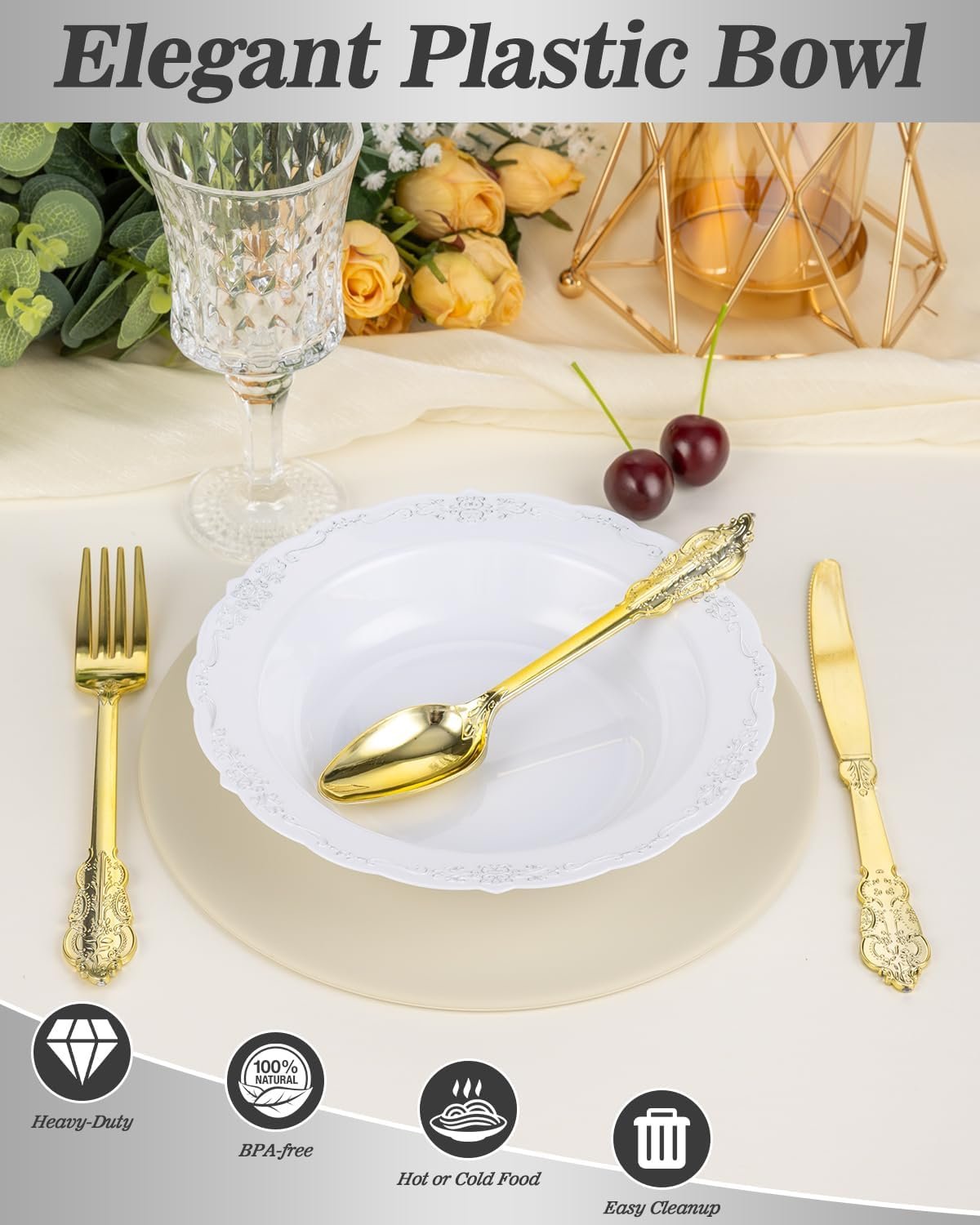 Wholesale 50 Pack 12oz White Plastic Salad Bowls with Silver Rim Disposable for Parties Dinners Weddings Christmas Thanksgiving Factory