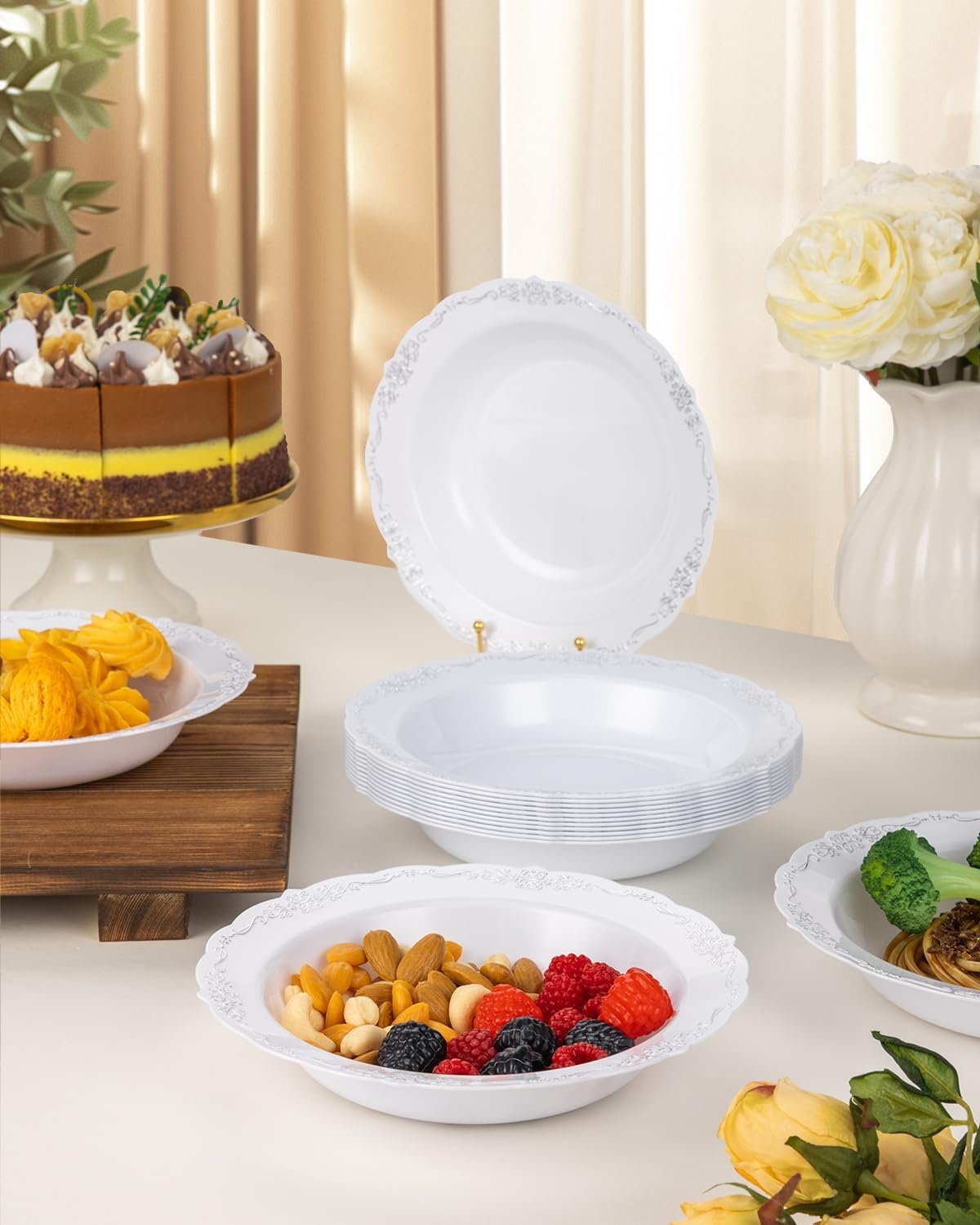 Wholesale 50 Pack 12oz White Plastic Salad Bowls with Silver Rim Disposable for Parties Dinners Weddings Christmas Thanksgiving Factory