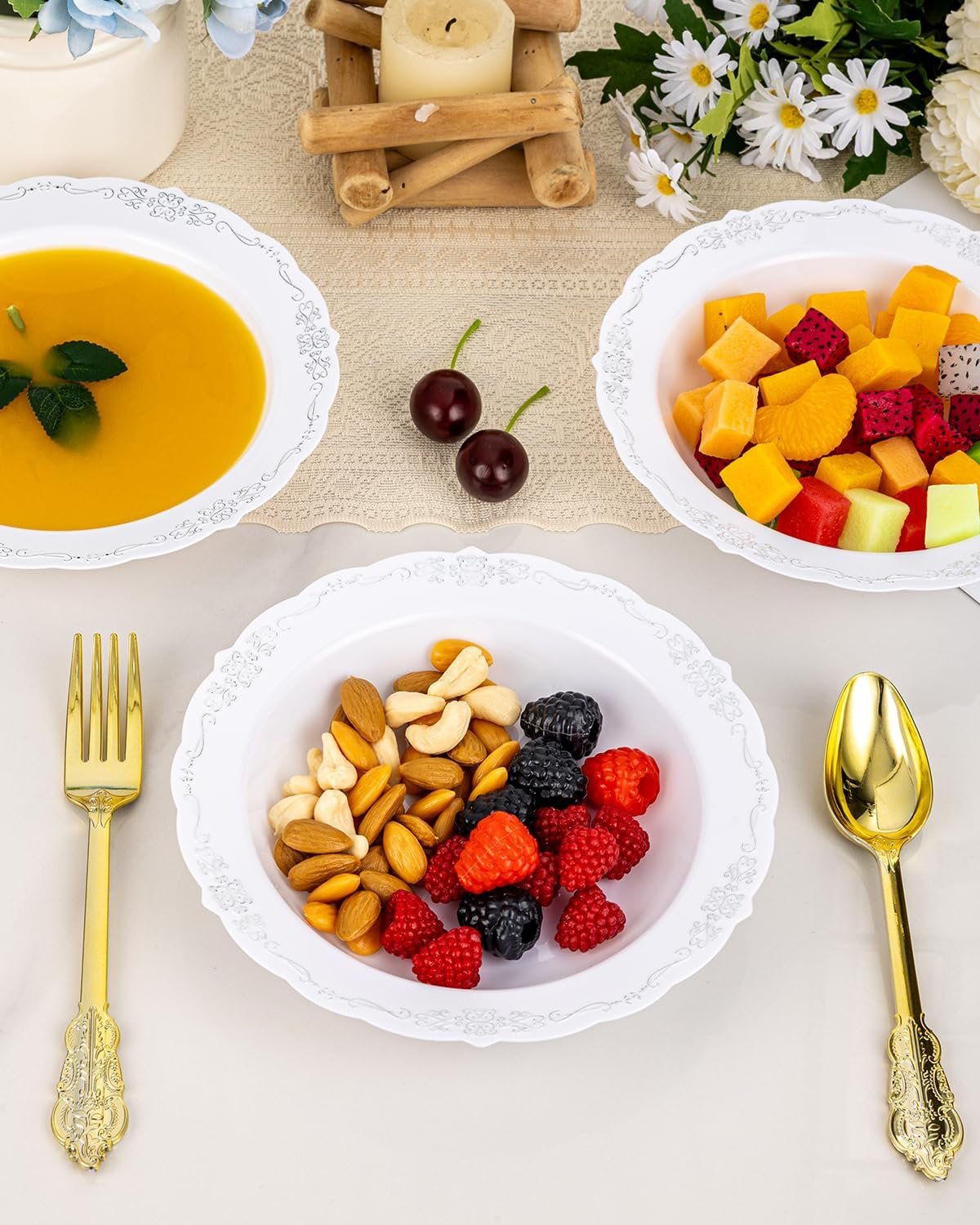 Wholesale 50 Pack 12oz White Plastic Salad Bowls with Silver Rim Disposable for Parties Dinners Weddings Christmas Thanksgiving Factory