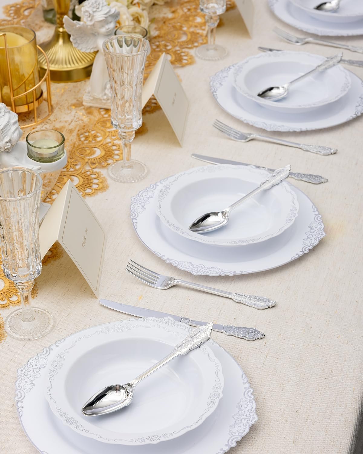 Wholesale 50 Pack 12oz White Plastic Salad Bowls with Silver Rim Disposable for Parties Dinners Weddings Christmas Thanksgiving Factory