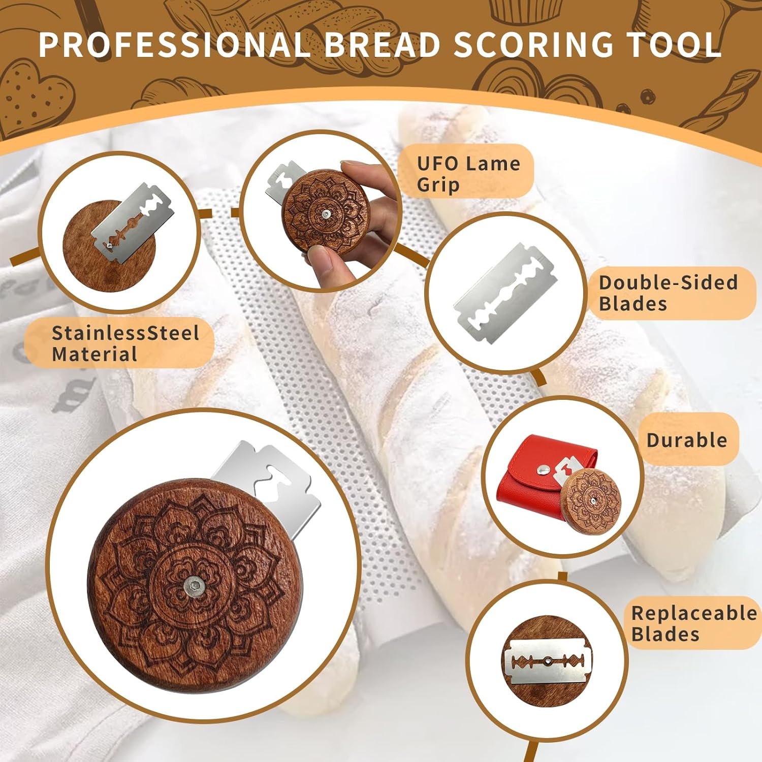 OEM Bread Lame Sourdough Scoring Tool Wooden Design with 5 Razor Blades Leather Storage Cover Baking Supplies Gifts Factory