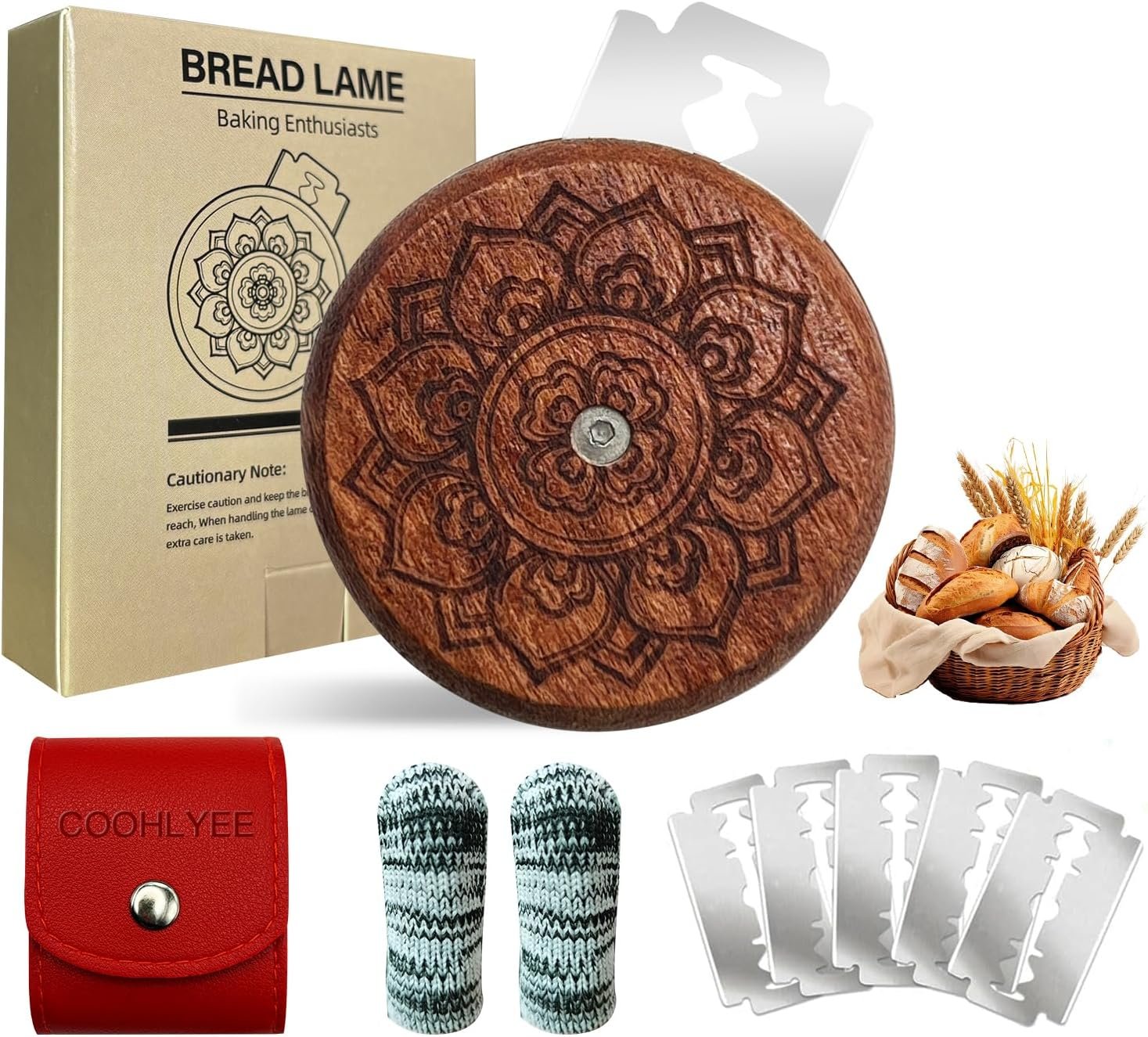 UFO Bread Lame Sourdough Scoring Tool - Wooden Lame Bread Scoring Tool with 5 Razor Blades and Leather Storage Cover - Sourdough Bread Baking Supplies for Bread Baking Gifts