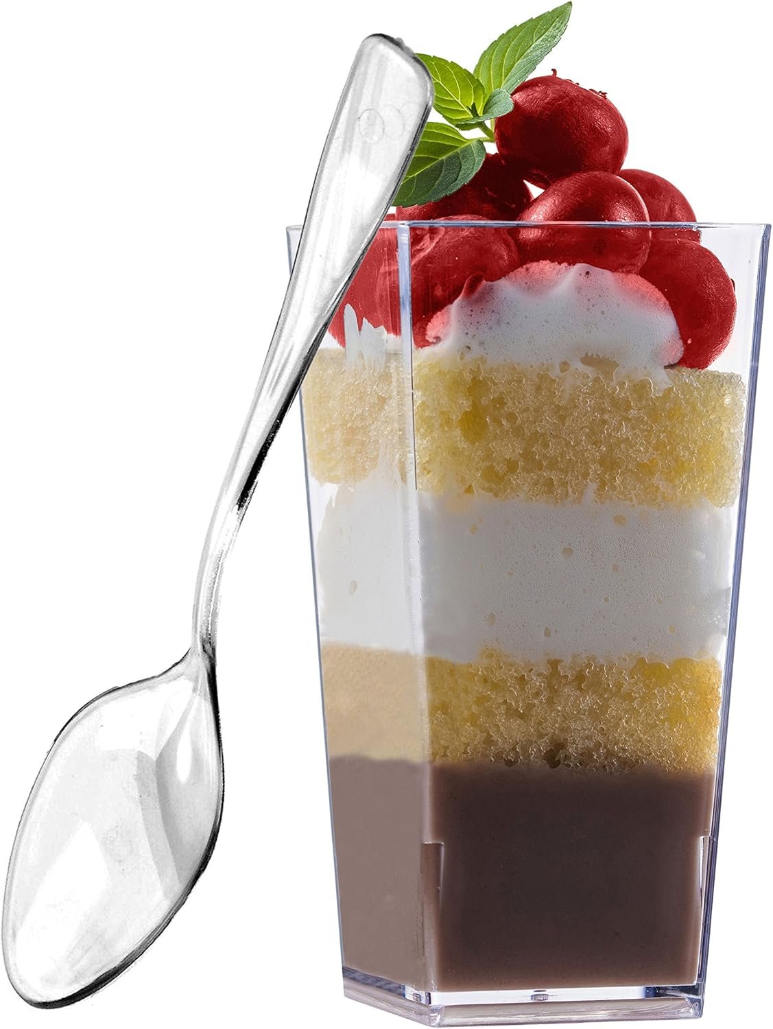 Wholesale 50 Pack 3 oz Tall Square Clear Plastic Mini Dessert Cups with Spoons - Shot Glasses Parfait Appetizer Trifle Tumblers Factory
