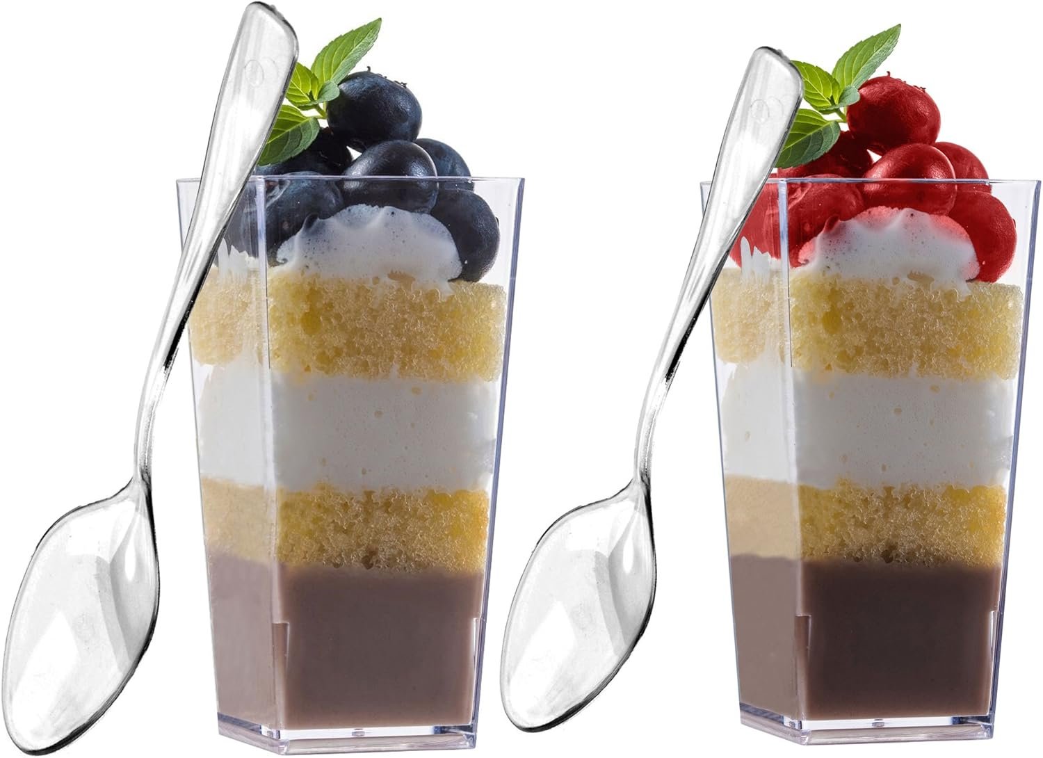 Wholesale 50 Pack 3 oz Tall Square Clear Plastic Mini Dessert Cups with Spoons - Shot Glasses Parfait Appetizer Trifle Tumblers Factory