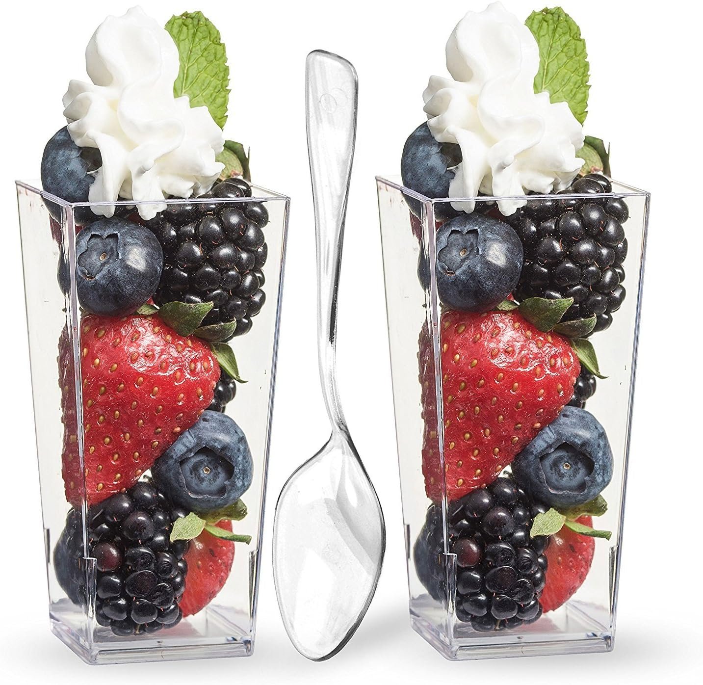 Wholesale 50 Pack 3 oz Tall Square Clear Plastic Mini Dessert Cups with Spoons - Shot Glasses Parfait Appetizer Trifle Tumblers Factory