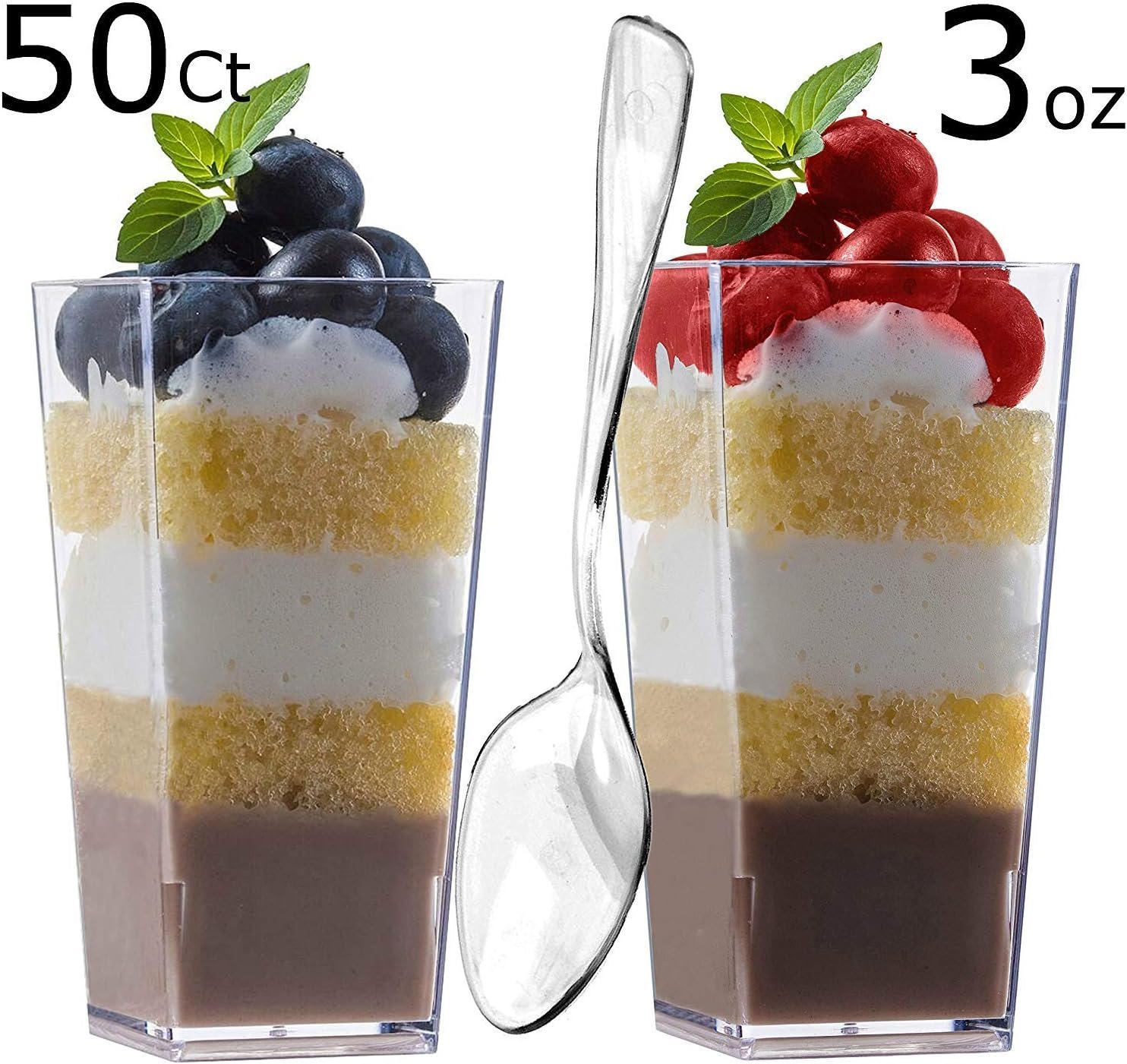 Wholesale 50 Pack 3 oz Tall Square Clear Plastic Mini Dessert Cups with Spoons - Shot Glasses Parfait Appetizer Trifle Tumblers Factory