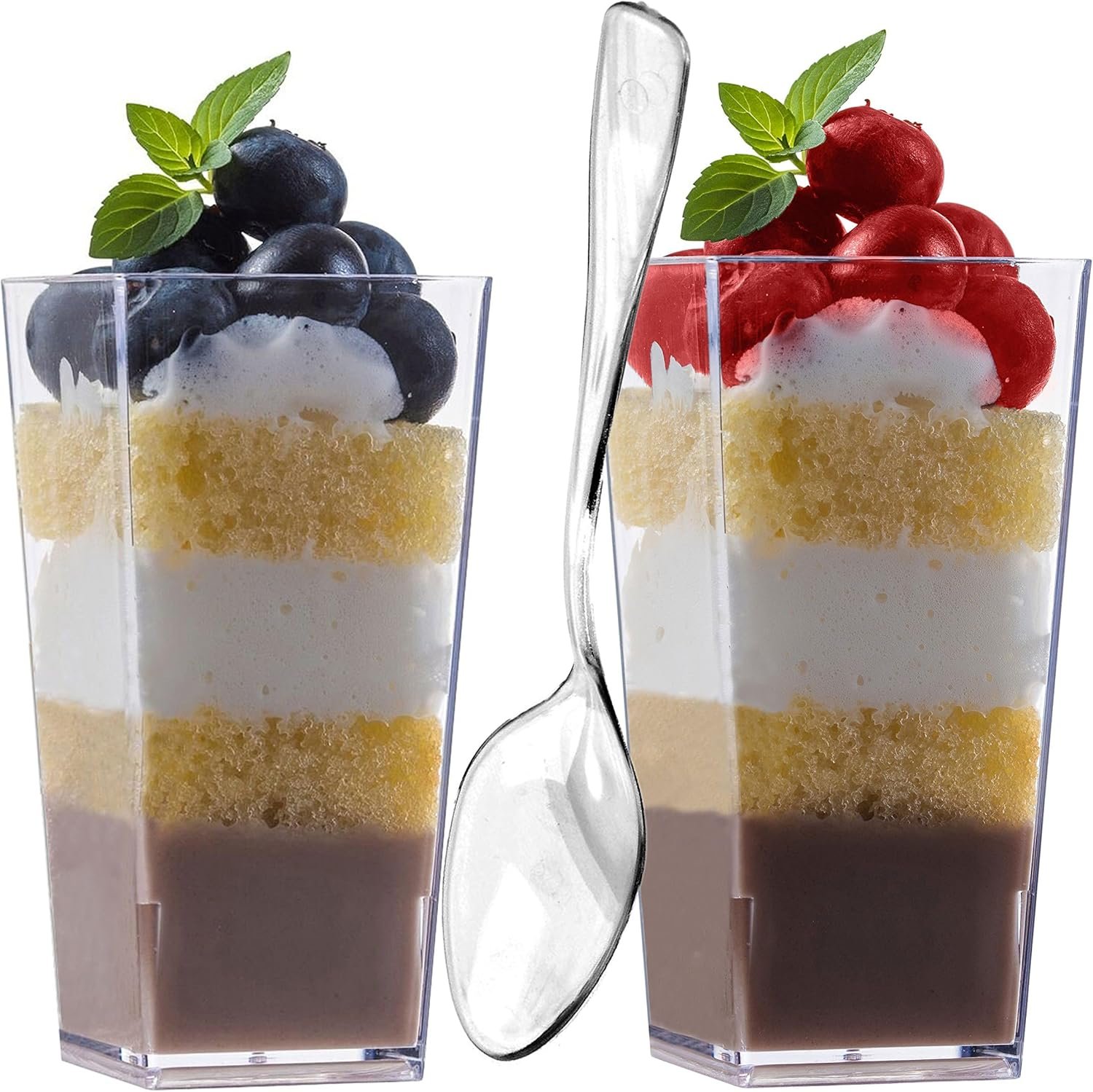 Wholesale 50 Pack 3 oz Tall Square Clear Plastic Mini Dessert Cups with Spoons - Shot Glasses Parfait Appetizer Trifle Tumblers Factory