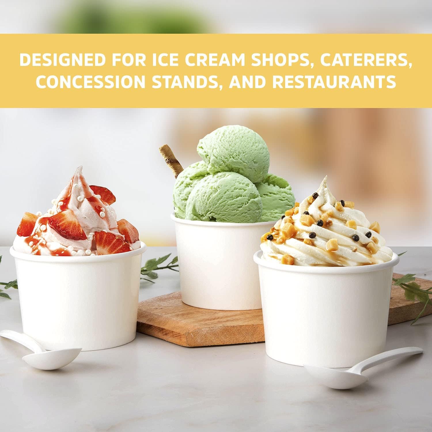 Wholesale 12oz Disposable Paper Ice Cream Cups with Spoons 50 Count for Hot Soup Dessert and Frozen Yogurt White Factory