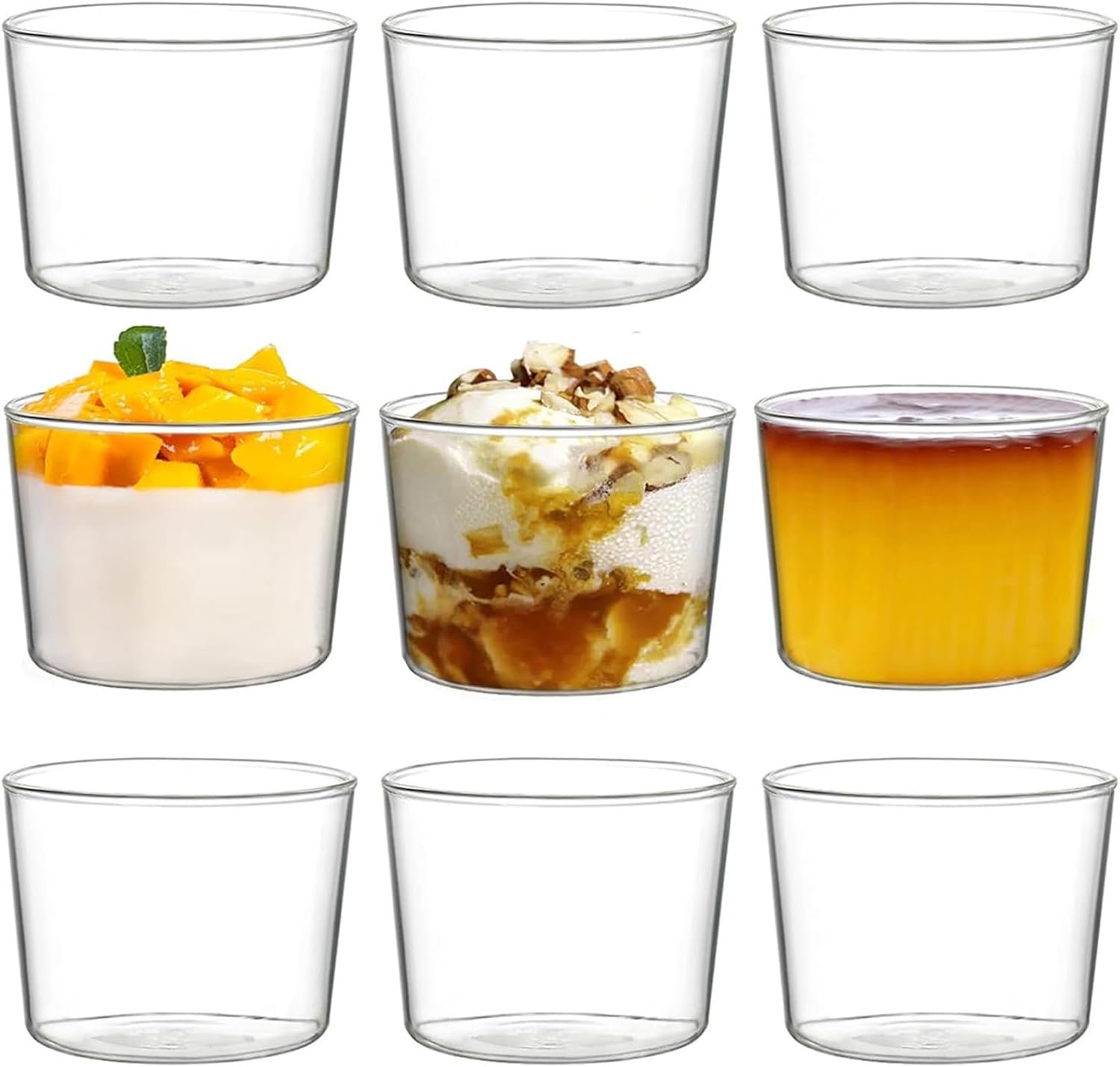 yarlung 9 Pack Small Glass Dessert Bowls, 8 Oz Custard Cup Clear Pudding Cup, Tasting Glasses Prep Bowls for Parfait, Ice Cream, Party Birthday