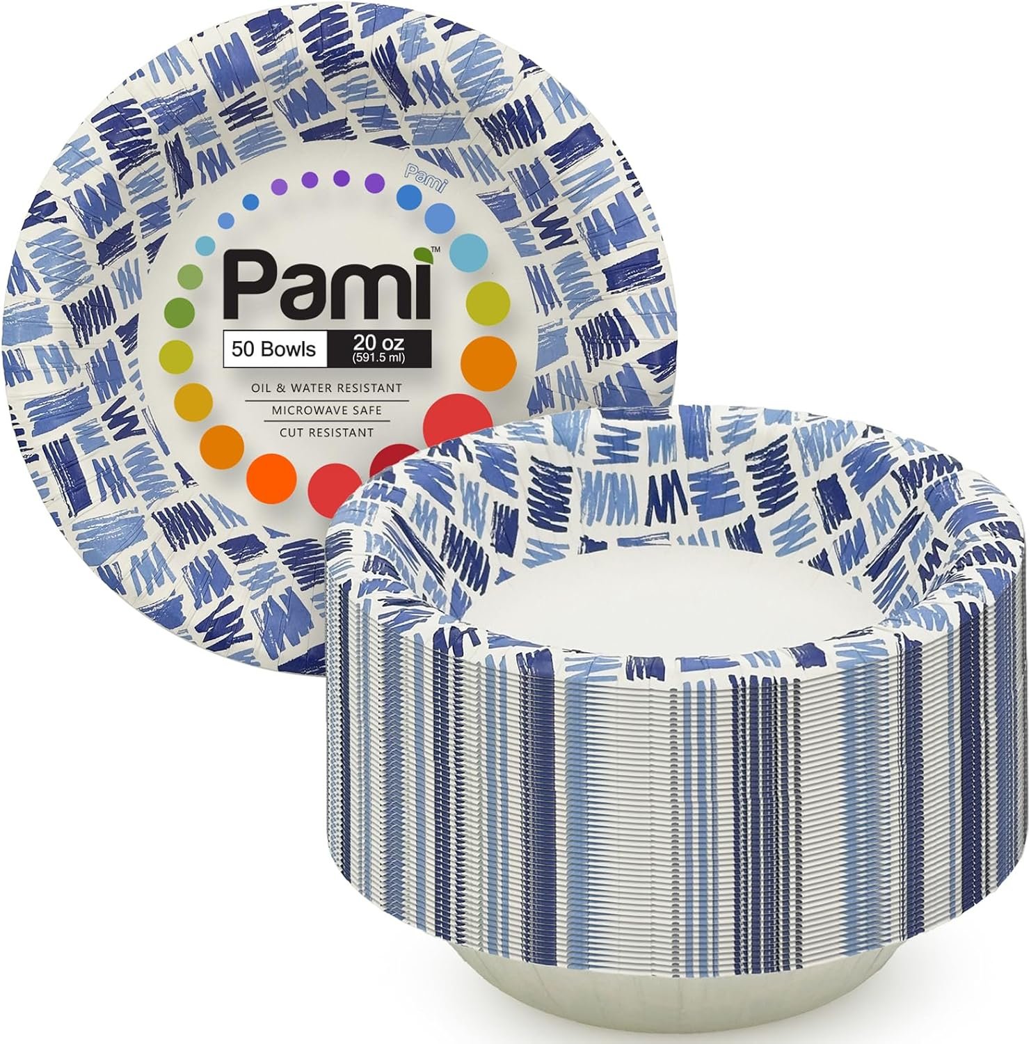 PAMI Blue Paper Bowls 20 Oz Heavy Duty for Soup, Pack of 50 Disposable Microwave Safe Bowls, Oil, Water and Cut Resistant Recyclable Dinnerware