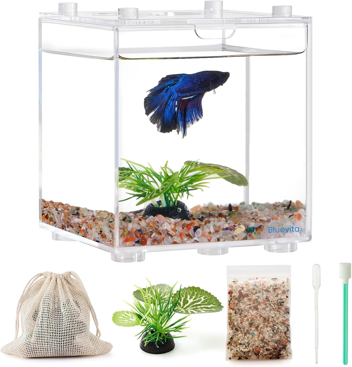 Small Betta Fish Tank, Clear Stackable Mini Fish Aquarium, Acrylic Cube Fish Bowls with Artificial Plants Gravels and Cleaning Tools for Betta Shrimp Sea Monkey