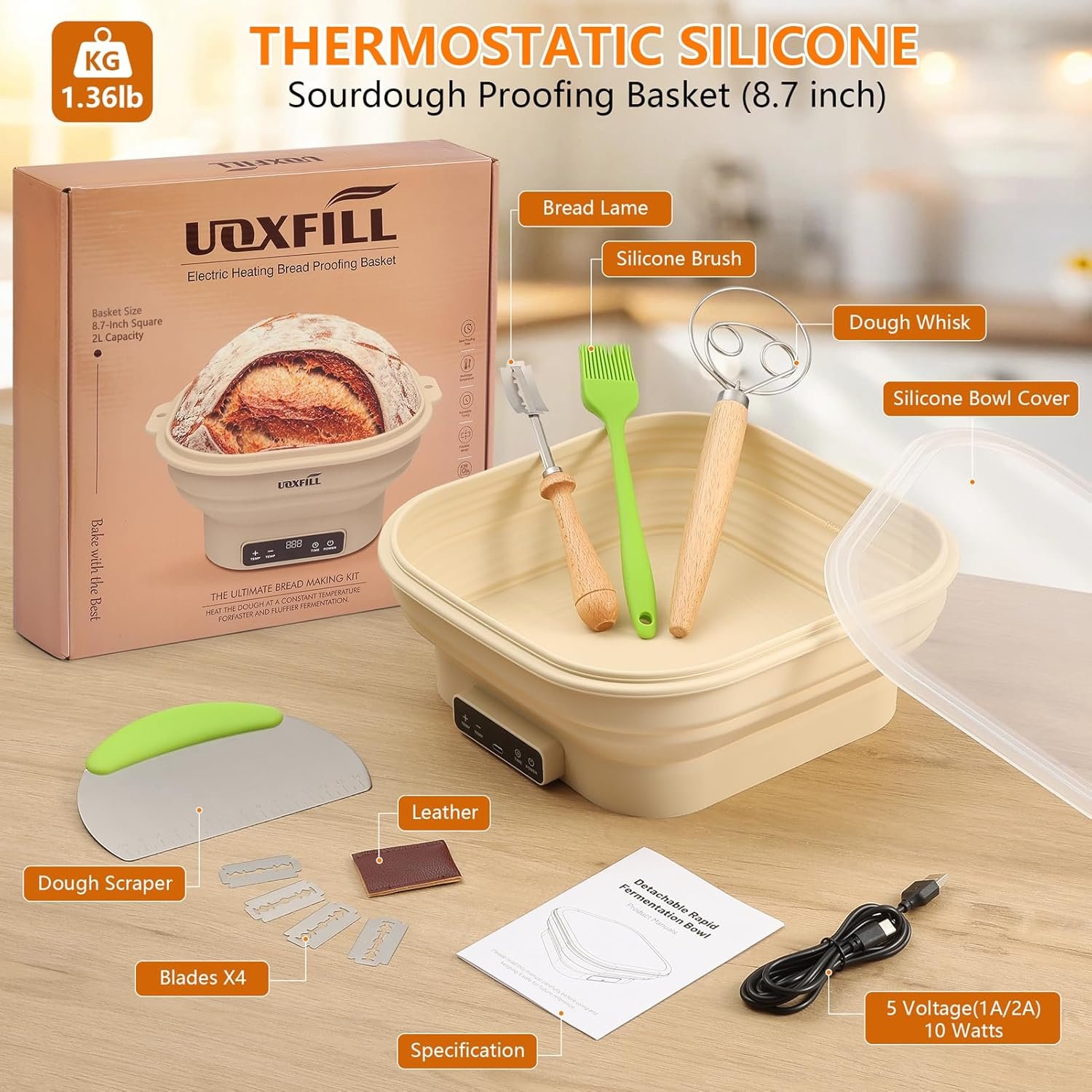 OEM Upgrade Electric Thermostatic Silicone Sourdough Bread Proofing Basket Set 8.7 Inch Square Foldable Banneton Baking Supplies Factory
