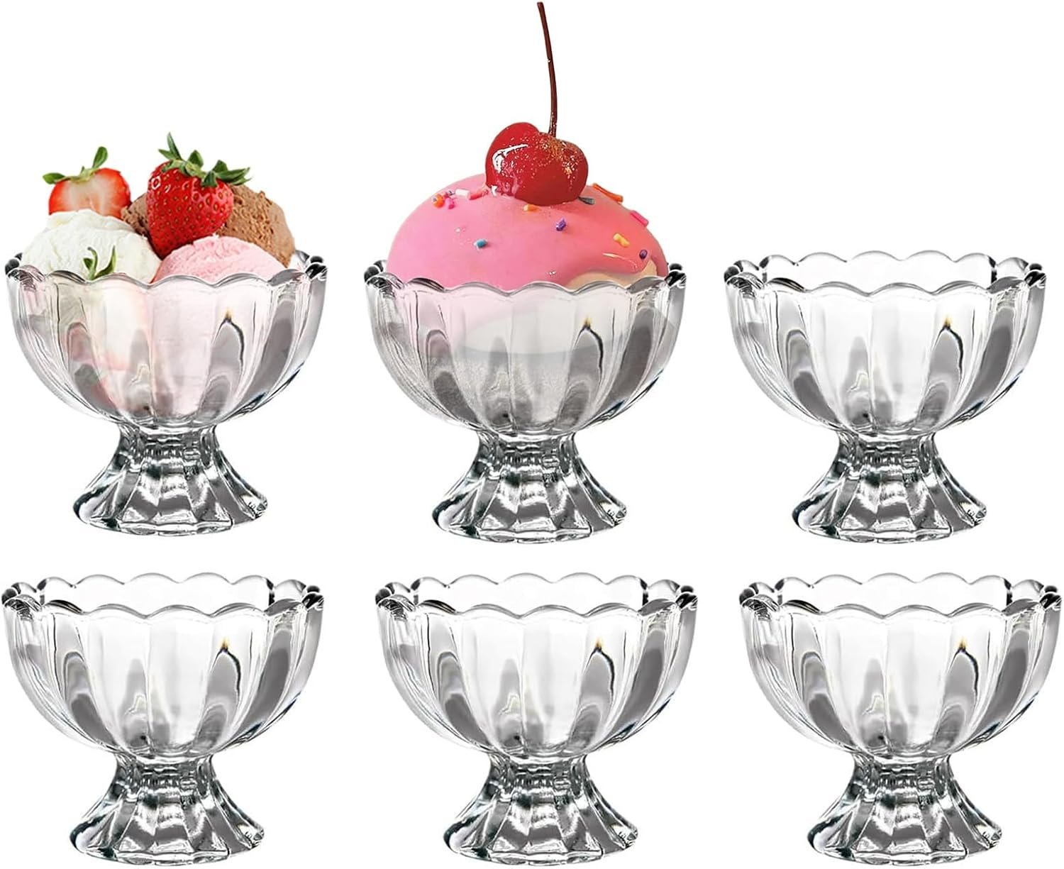 Vintage Glass Dessert Bowls, Ice Cream cups, 5oz Dessert cups, for Sundae, Fruit, Ice Cream, Pudding, small snacks,Condiment (6)