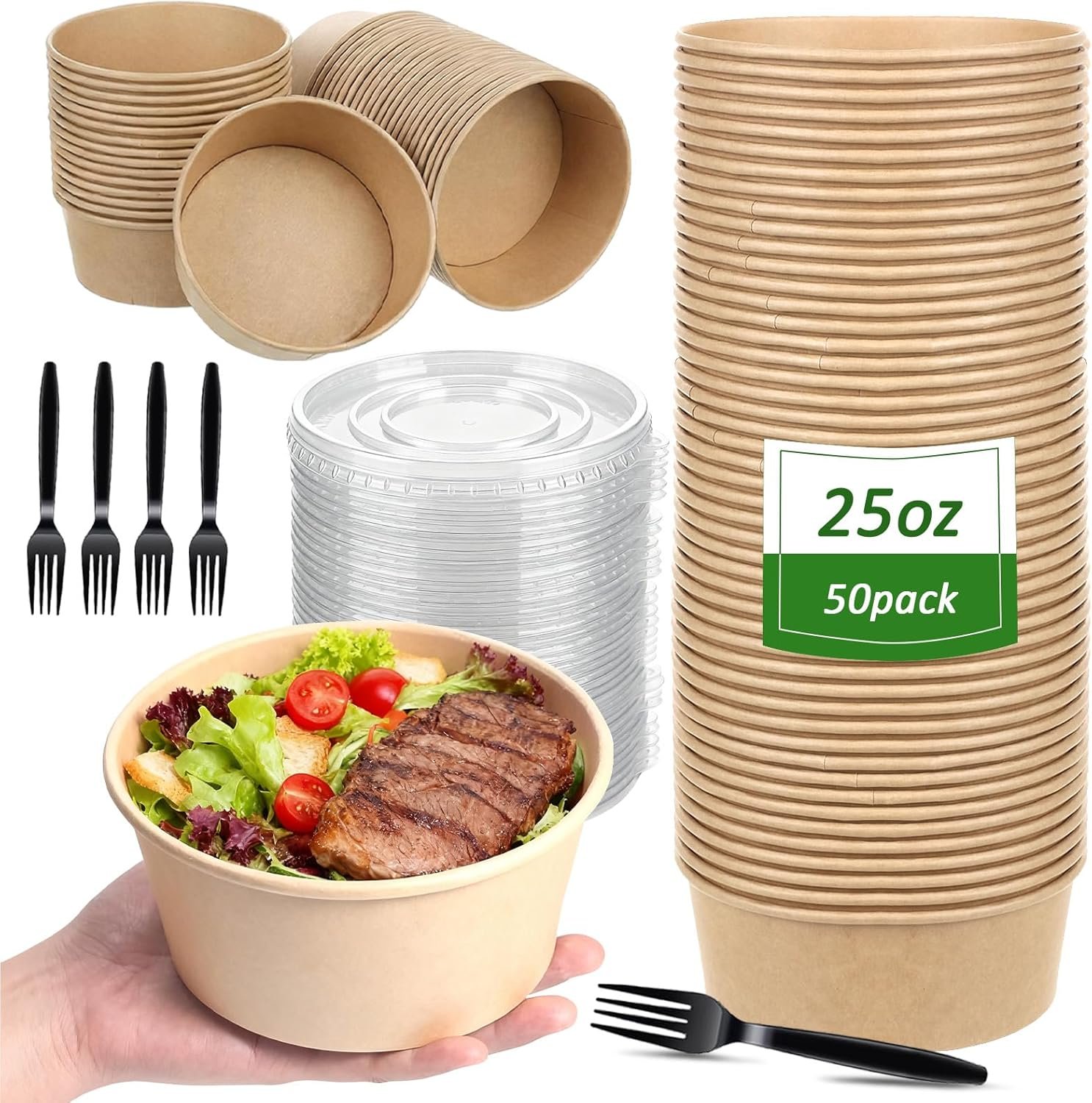 50 Pack 25 Oz Paper Bowls Disposable Soup Bowls with Lids and Forks To Go Salad Containers for Hot Cold Food Meal Prep Party Serving