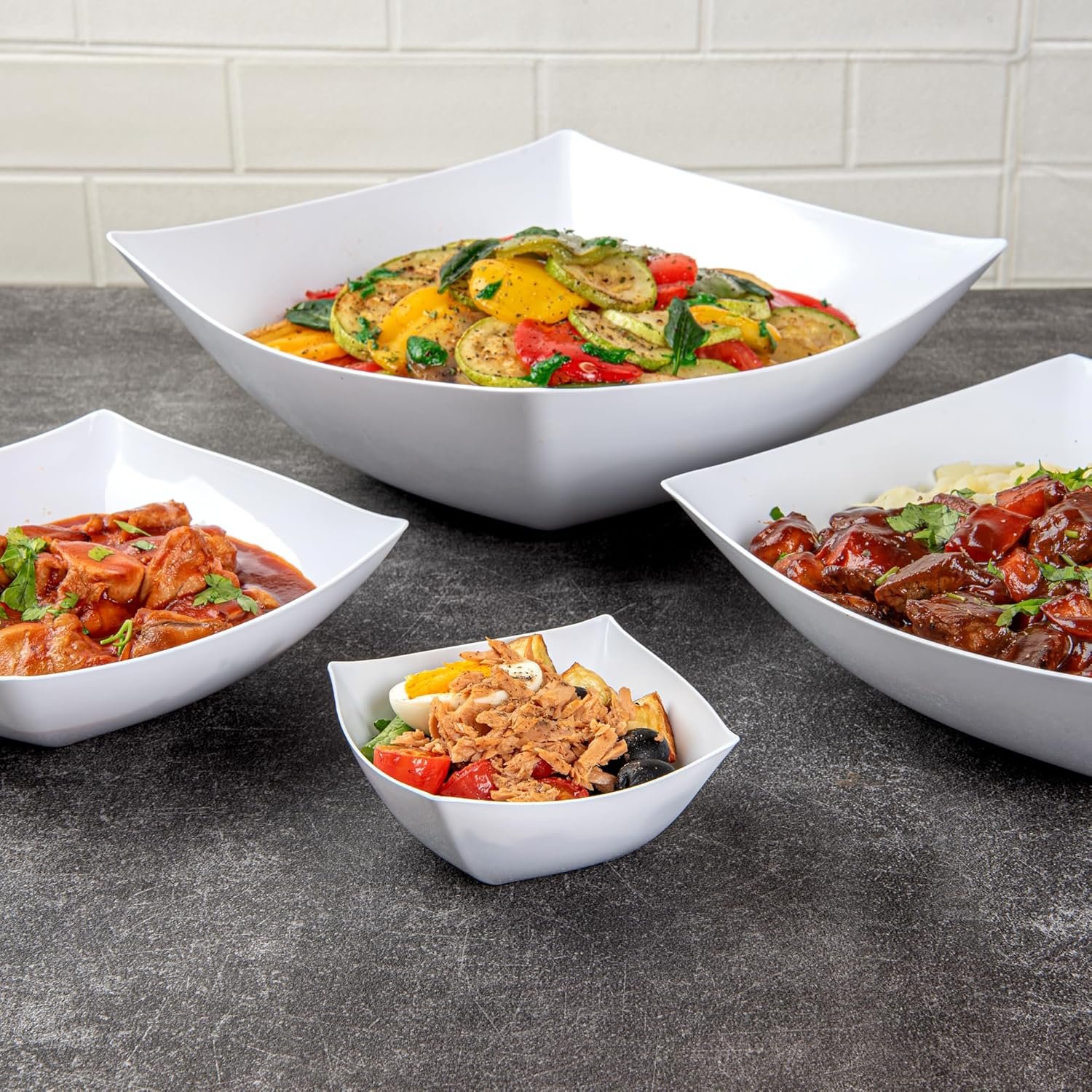 Wholesale 8 Ounce Fancy Plastic Bowls 100 Square Disposable Salad Bowls Durable Heavy-Duty White for Warm and Cold Foods Factory