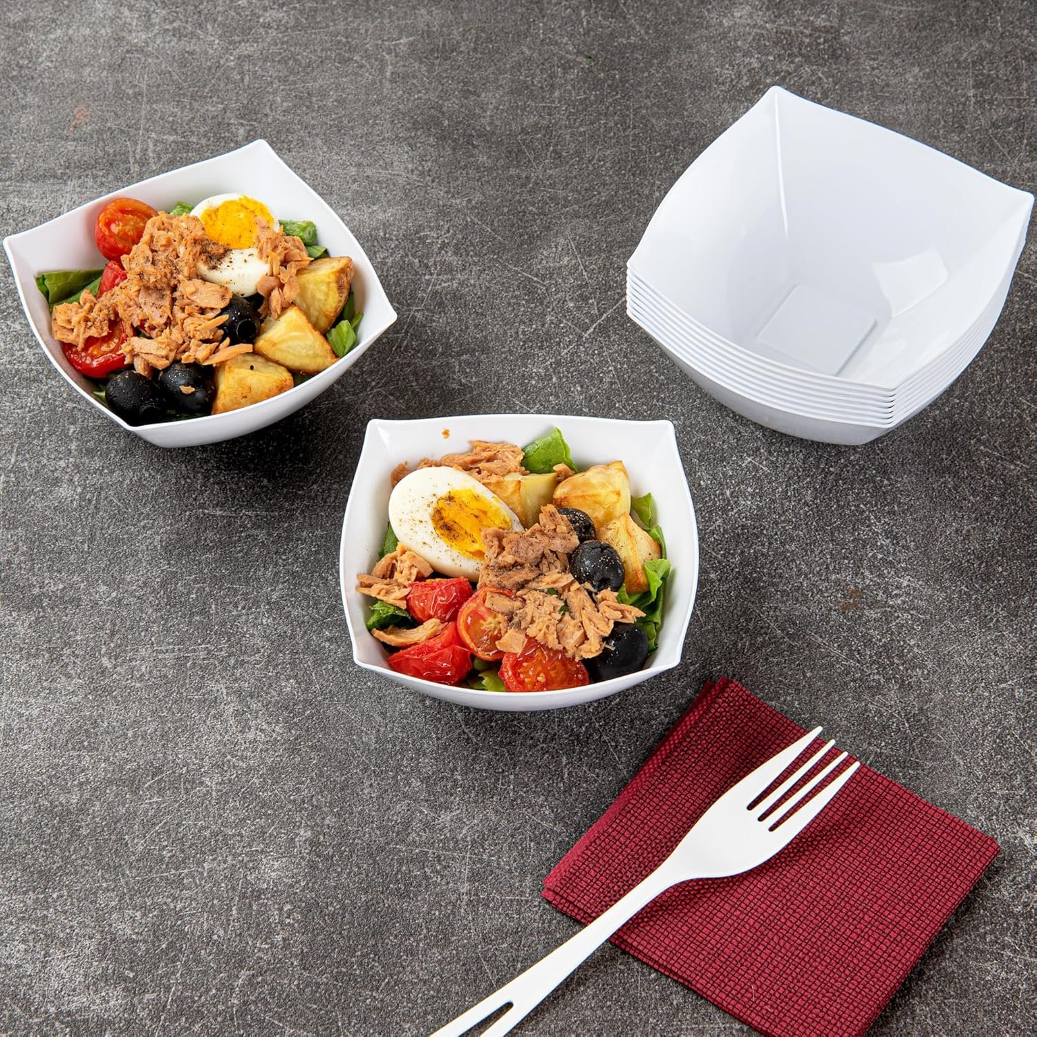 Wholesale 8 Ounce Fancy Plastic Bowls 100 Square Disposable Salad Bowls Durable Heavy-Duty White for Warm and Cold Foods Factory
