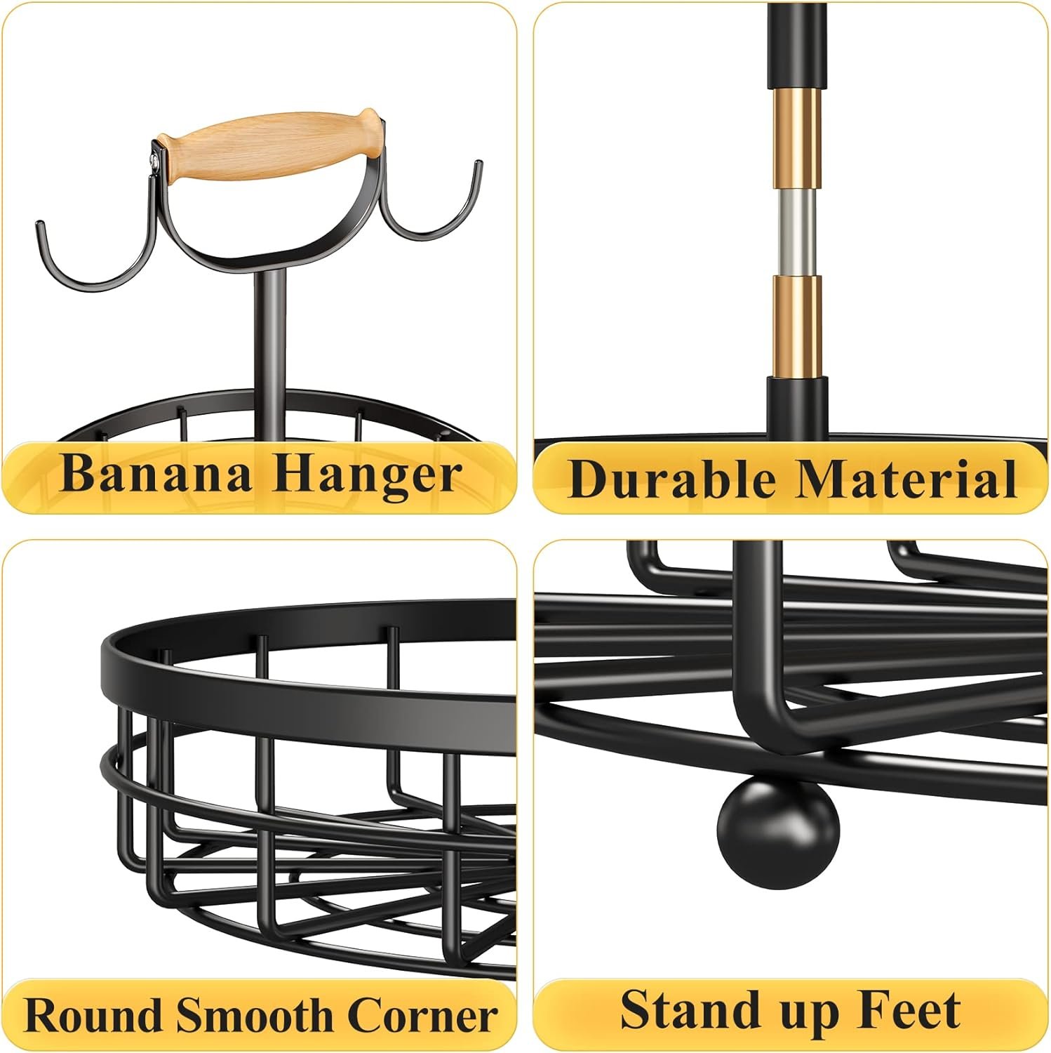 OEM 2-Tier Metal Wire Fruit Vegetable Storage Basket with Banana Hangers and Wooden Lift Handle for Kitchen Countertop Bread Onions Potatoes Black Factory