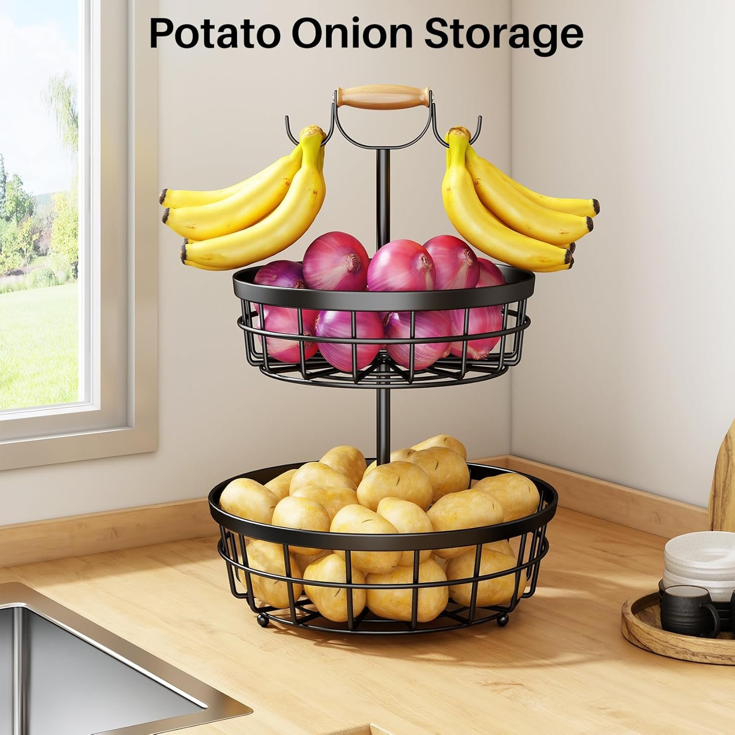 OEM 2-Tier Metal Wire Fruit Vegetable Storage Basket with Banana Hangers and Wooden Lift Handle for Kitchen Countertop Bread Onions Potatoes Black Factory