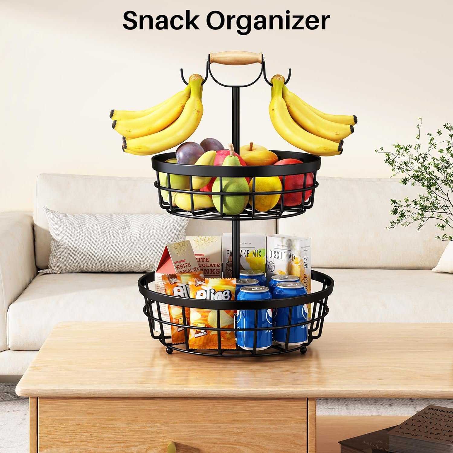 OEM 2-Tier Metal Wire Fruit Vegetable Storage Basket with Banana Hangers and Wooden Lift Handle for Kitchen Countertop Bread Onions Potatoes Black Factory
