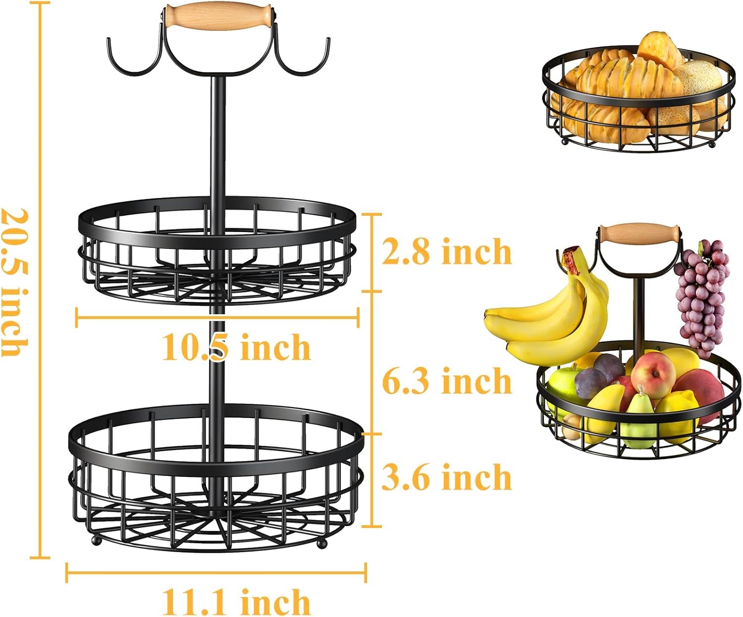 OEM 2-Tier Metal Wire Fruit Vegetable Storage Basket with Banana Hangers and Wooden Lift Handle for Kitchen Countertop Bread Onions Potatoes Black Factory