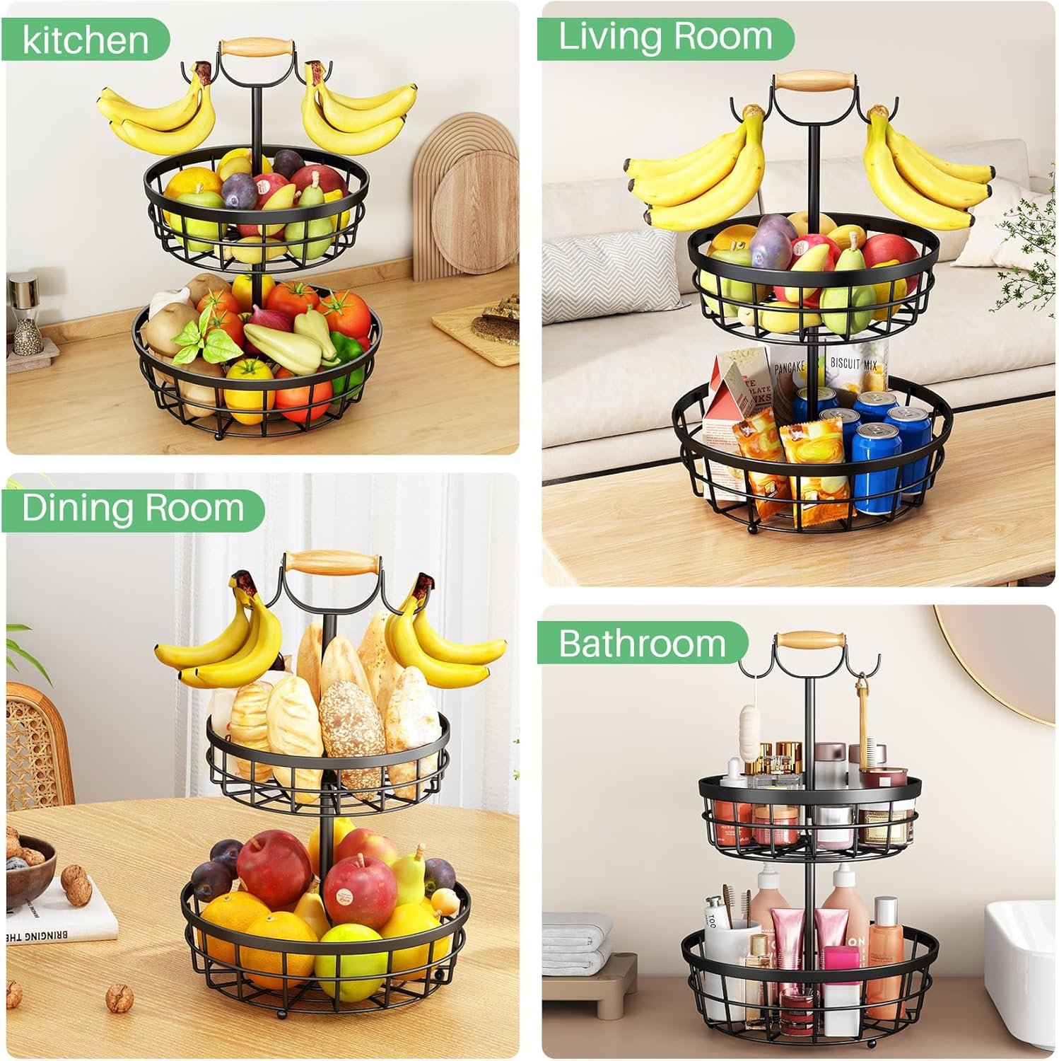OEM 2-Tier Metal Wire Fruit Vegetable Storage Basket with Banana Hangers and Wooden Lift Handle for Kitchen Countertop Bread Onions Potatoes Black Factory