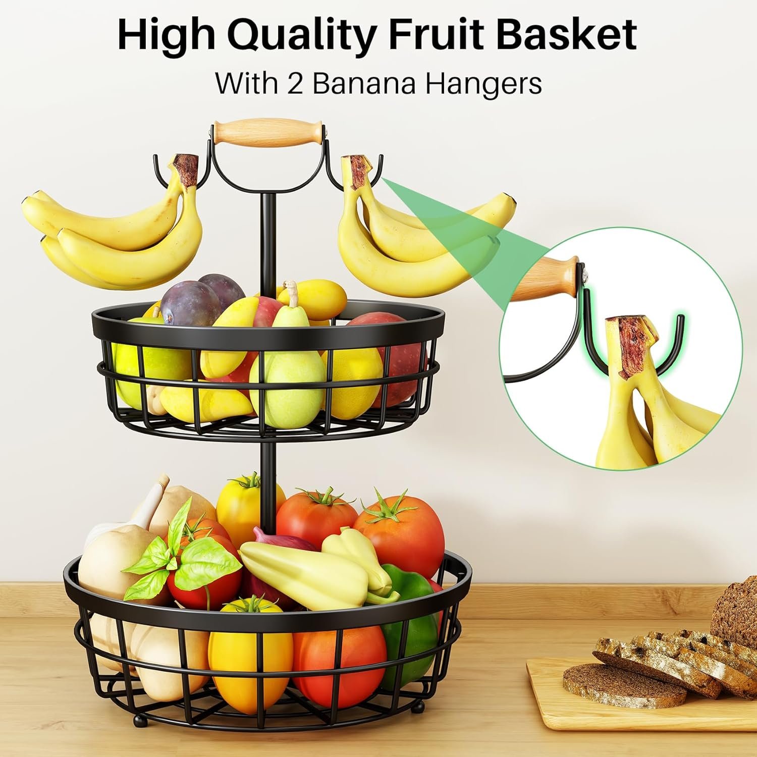 OEM 2-Tier Metal Wire Fruit Vegetable Storage Basket with Banana Hangers and Wooden Lift Handle for Kitchen Countertop Bread Onions Potatoes Black Factory