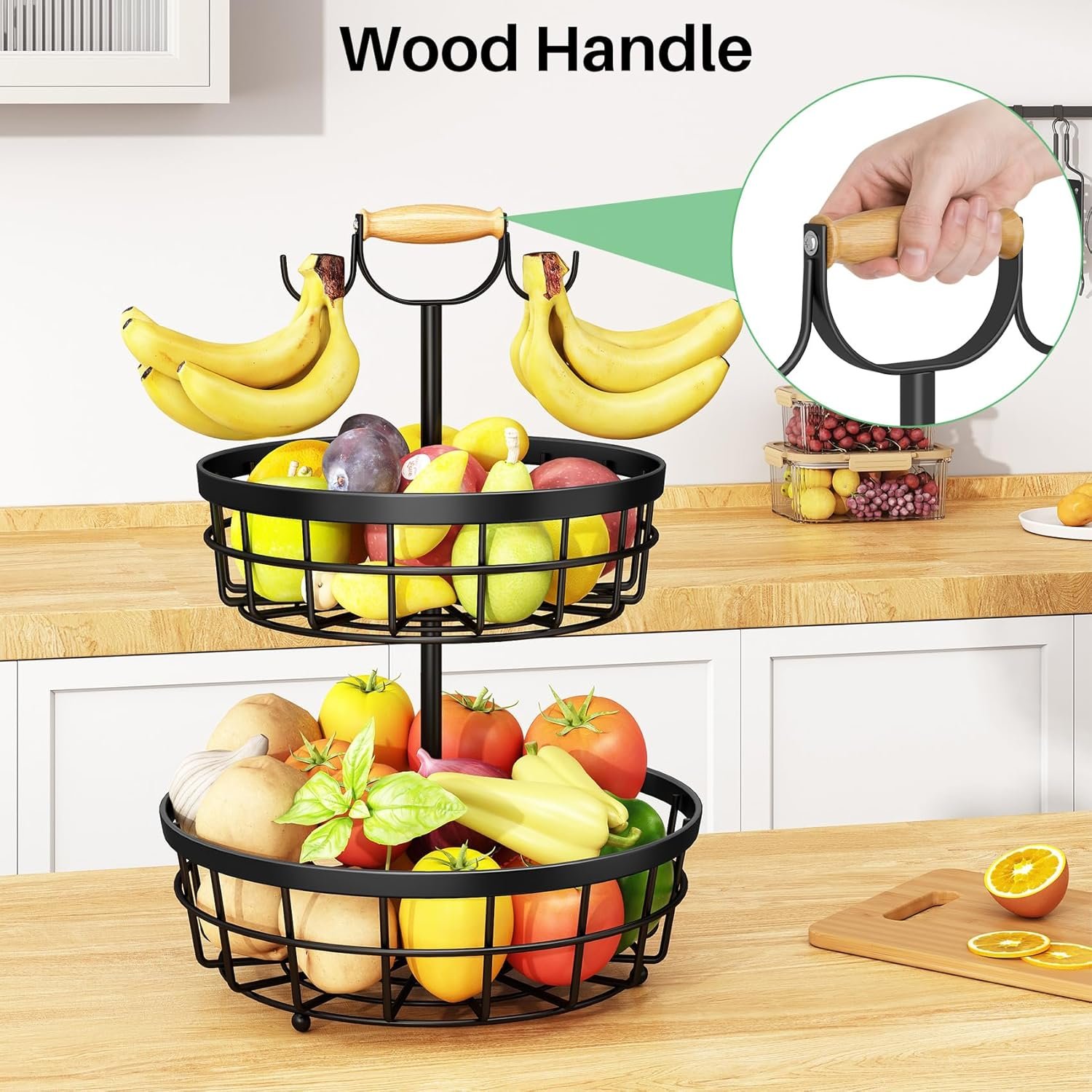 OEM 2-Tier Metal Wire Fruit Vegetable Storage Basket with Banana Hangers and Wooden Lift Handle for Kitchen Countertop Bread Onions Potatoes Black Factory