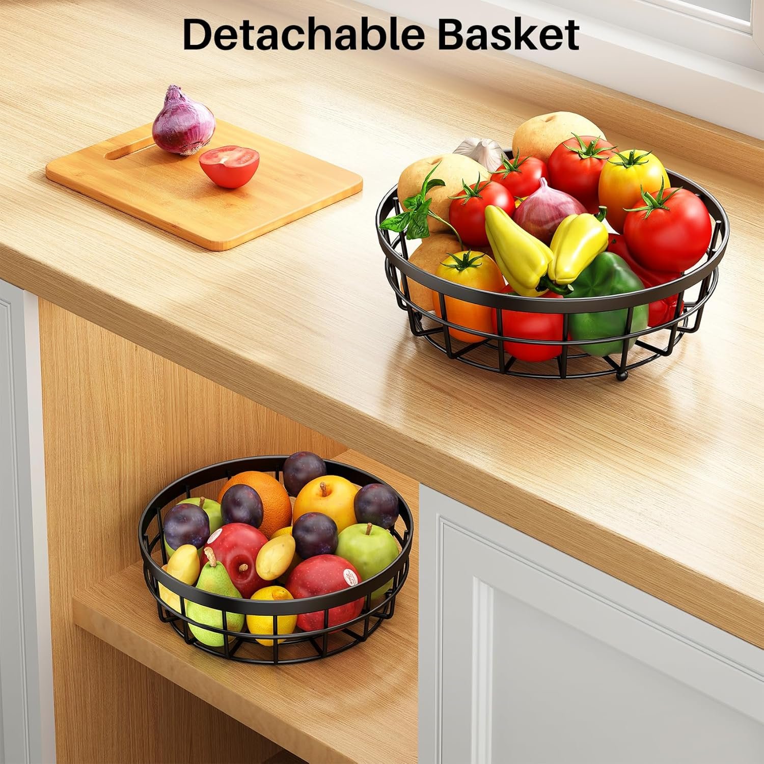 OEM 2-Tier Metal Wire Fruit Vegetable Storage Basket with Banana Hangers and Wooden Lift Handle for Kitchen Countertop Bread Onions Potatoes Black Factory