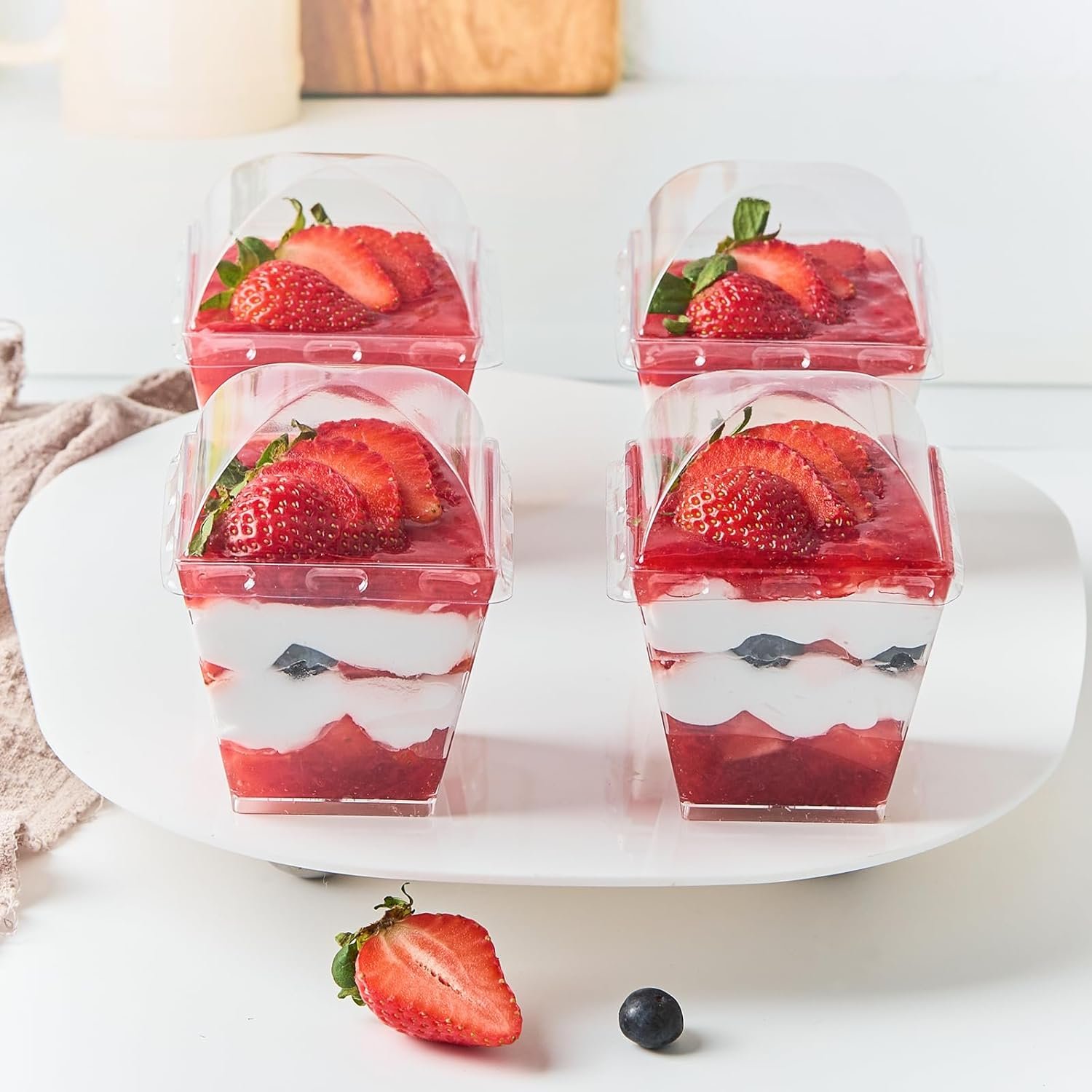 Wholesale 50-Pack 7 oz Square Plastic Dessert Cups with Dome Lids Spoons Mini Parfait Shooters for Party Individual Pudding Jello Yogurt Fruit Trifle Factory