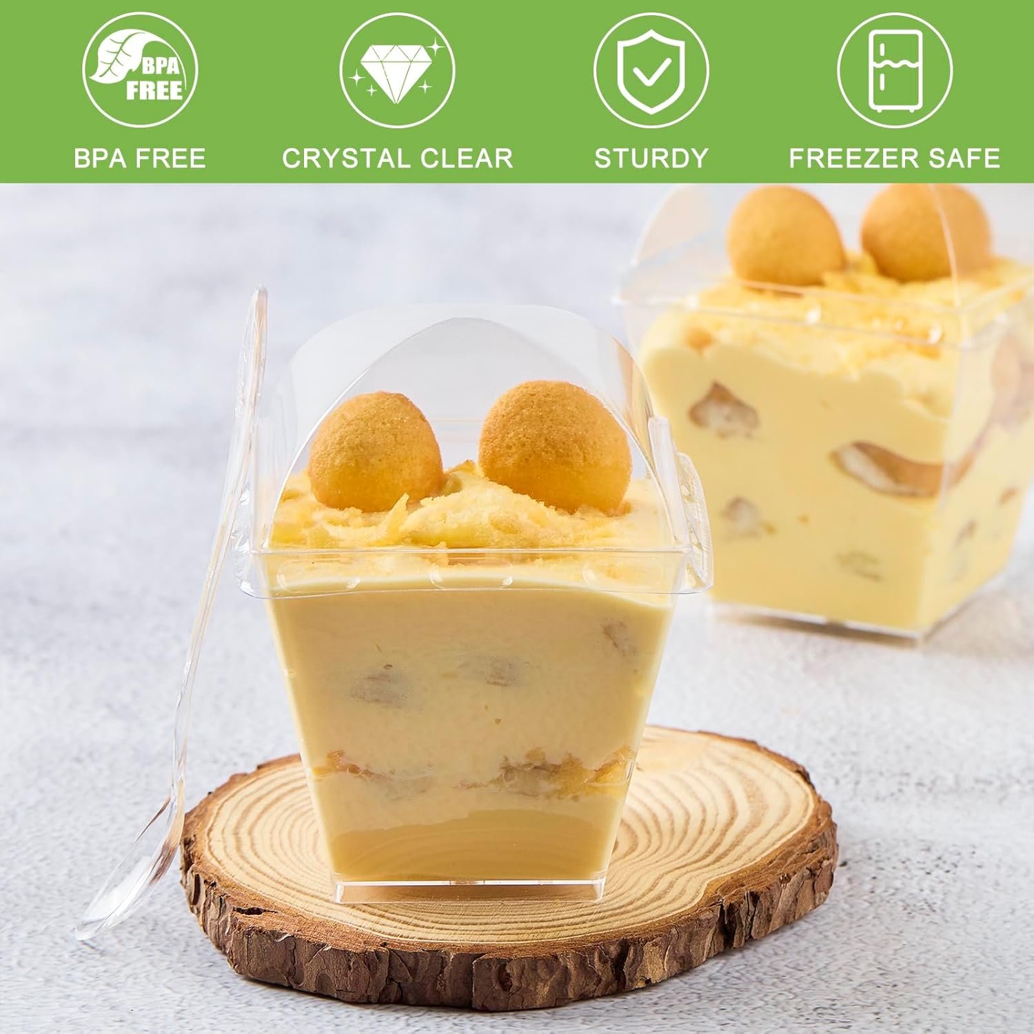 Wholesale 50-Pack 7 oz Square Plastic Dessert Cups with Dome Lids Spoons Mini Parfait Shooters for Party Individual Pudding Jello Yogurt Fruit Trifle Factory