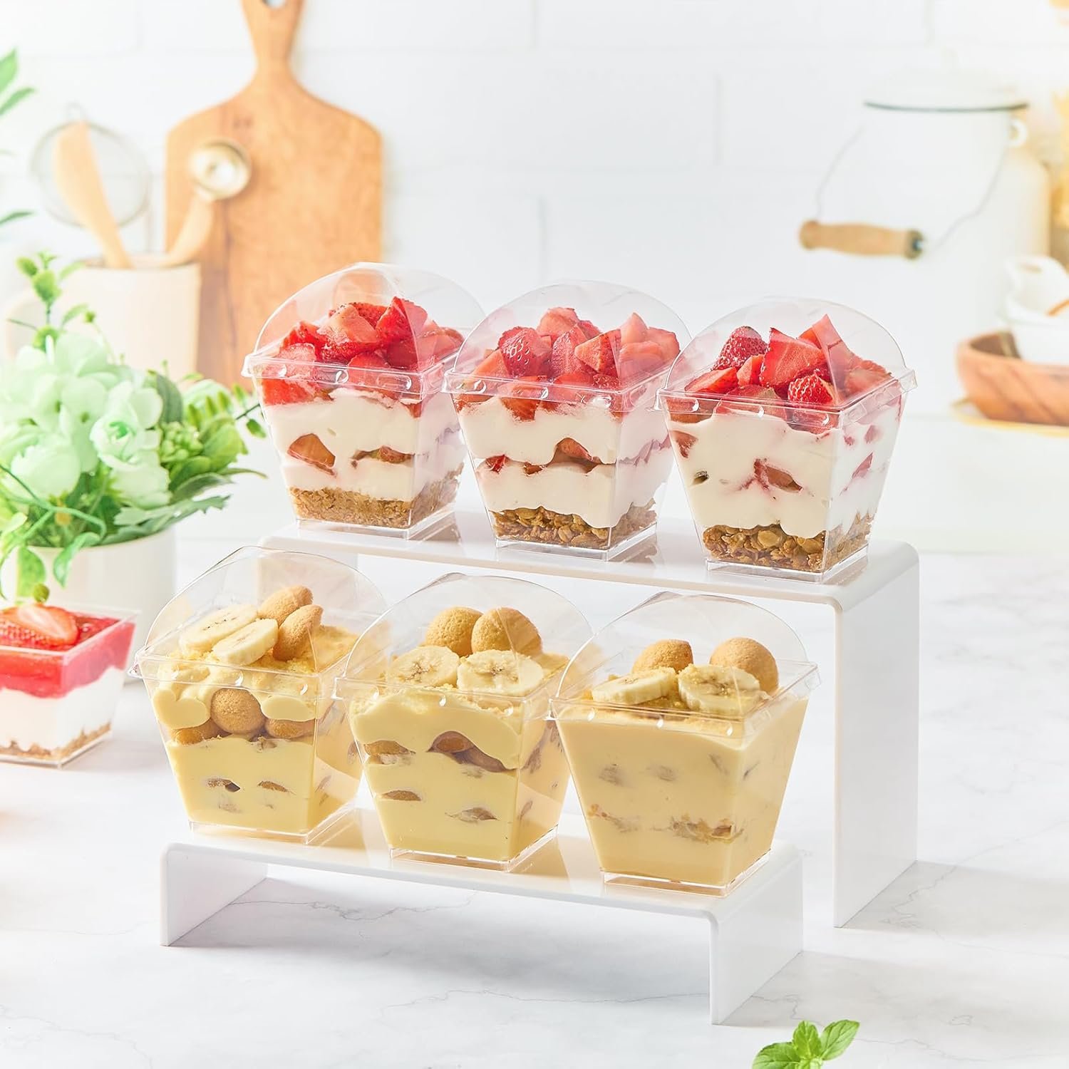 Wholesale 50-Pack 7 oz Square Plastic Dessert Cups with Dome Lids Spoons Mini Parfait Shooters for Party Individual Pudding Jello Yogurt Fruit Trifle Factory