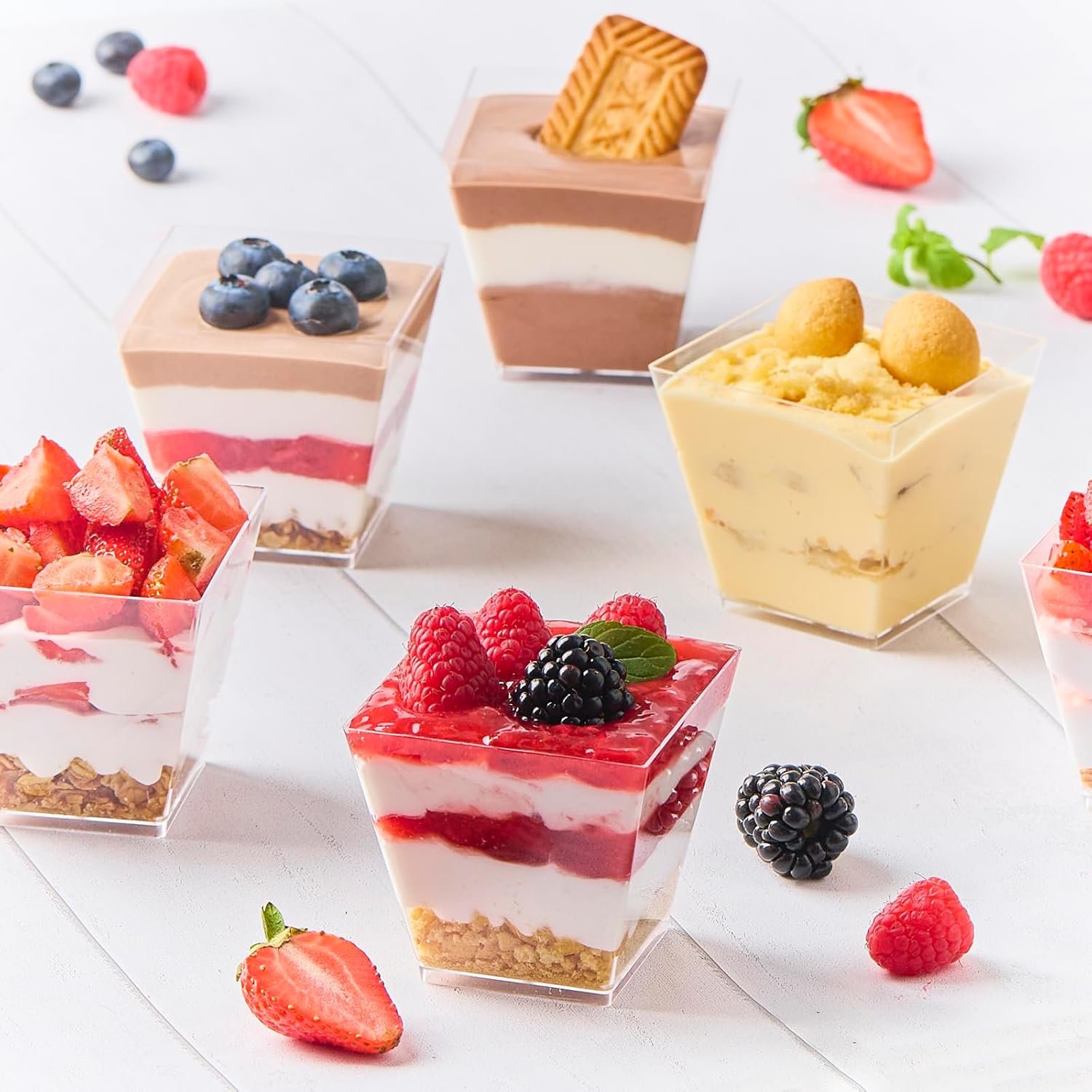 Wholesale 50-Pack 7 oz Square Plastic Dessert Cups with Dome Lids Spoons Mini Parfait Shooters for Party Individual Pudding Jello Yogurt Fruit Trifle Factory