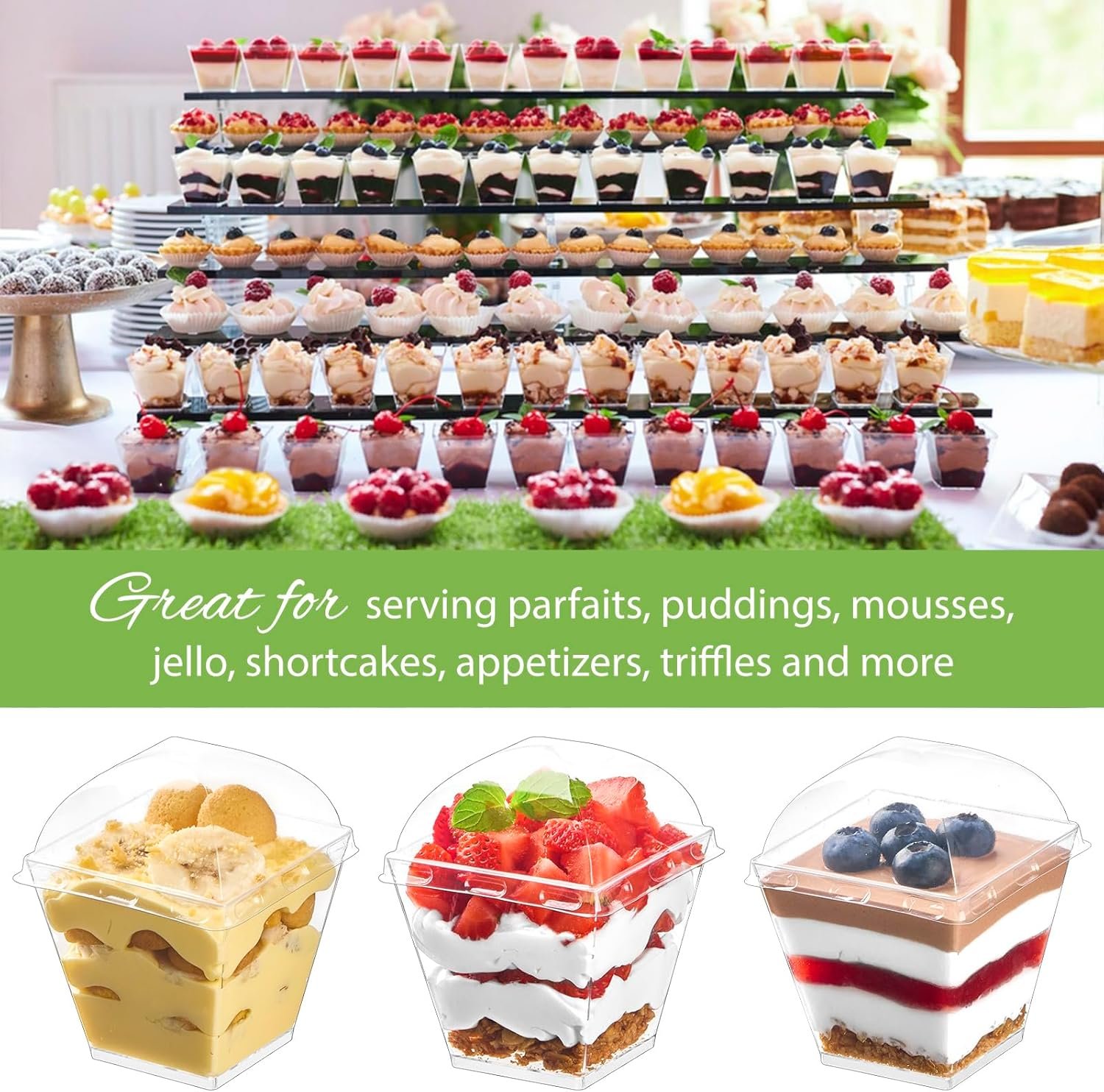 Wholesale 50-Pack 7 oz Square Plastic Dessert Cups with Dome Lids Spoons Mini Parfait Shooters for Party Individual Pudding Jello Yogurt Fruit Trifle Factory