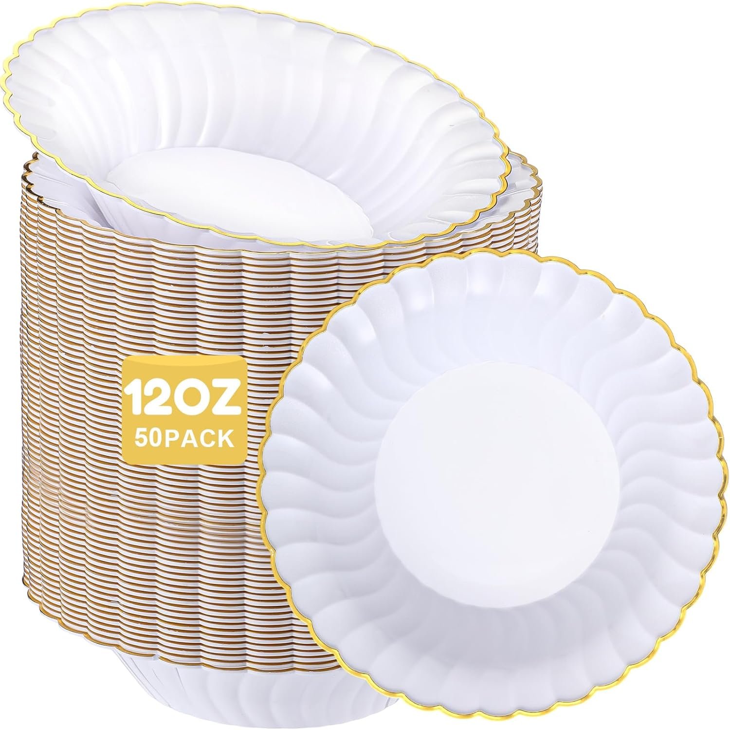 50 Pack 12oz White and Gold Plastic Bowls, Disposable Dessert Salad Soup Scalloped Bowls for Christmas, Thanksgiving, Birthday, Wedding, Catering and Everyday Use
