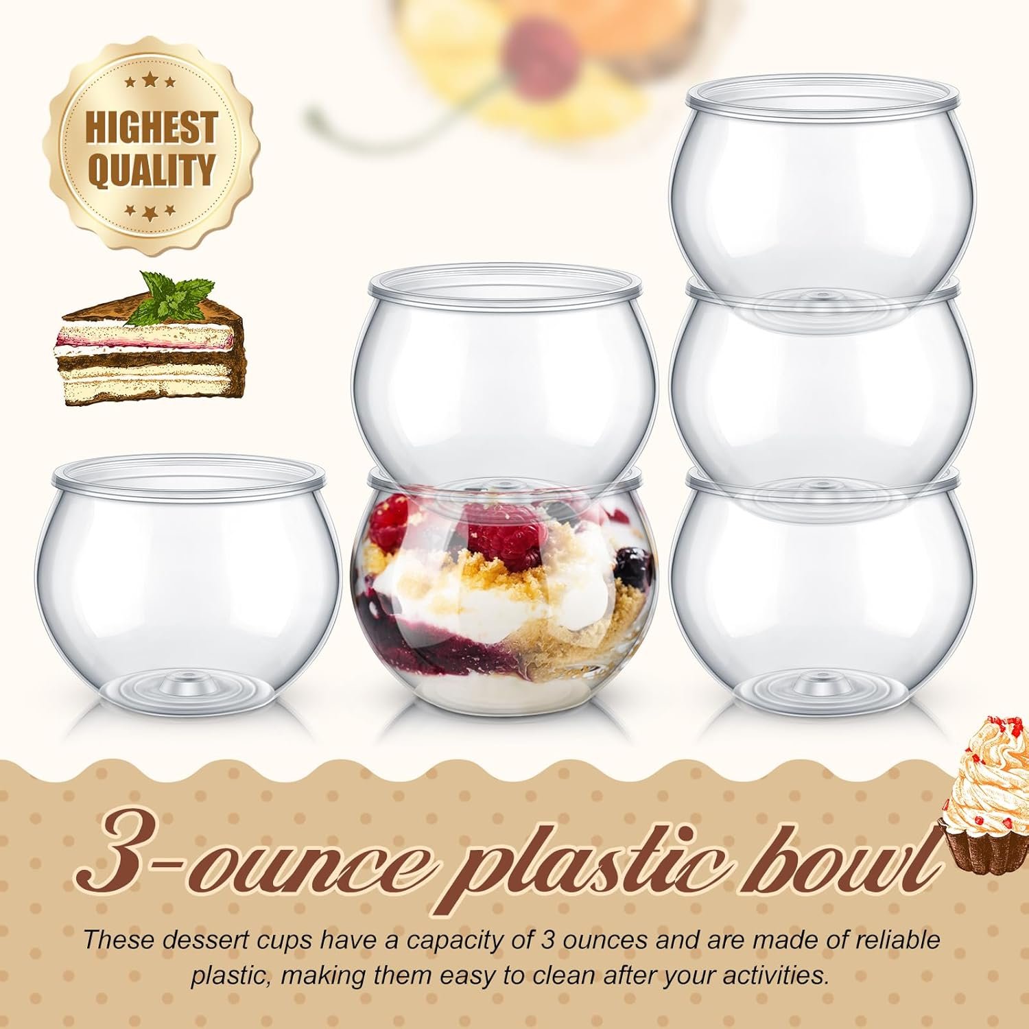 Wholesale 25 Pack 3 oz Small Clear Plastic Sphere Dessert Cups Mini Round Parfait Appetizer Bowls Disposable for Ice Cream Salad Serving Wedding Events Birthdays Cakes Factory