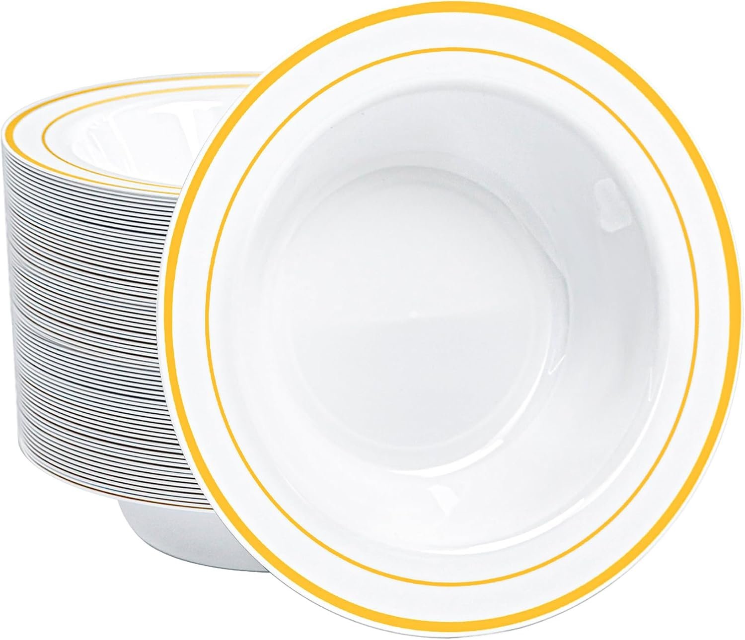 100 PCS Plastic Bowls with Gold Rim, 12oz Premium Heavy Duty Soup Bowls, Dessert and Salad Bowls for Party, Wedding and Holiday