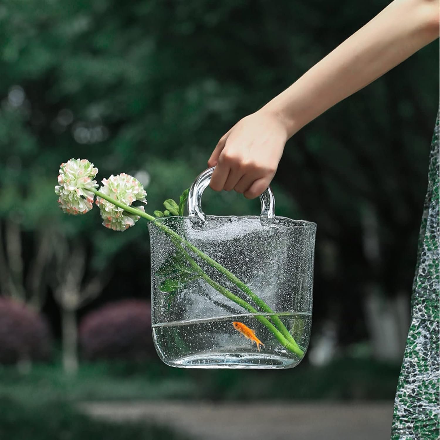 OEM Elegant Glass Purse Vase with Handle Bubbles and Fish Bowl for Home Office Garden Wedding Centerpiece Events Manufacturer OEM Elegant Glass Purse Vase with Handle Bubbles and Fish Bowl for Home Office Garden Wedding Centerpiece Events Manufacturer