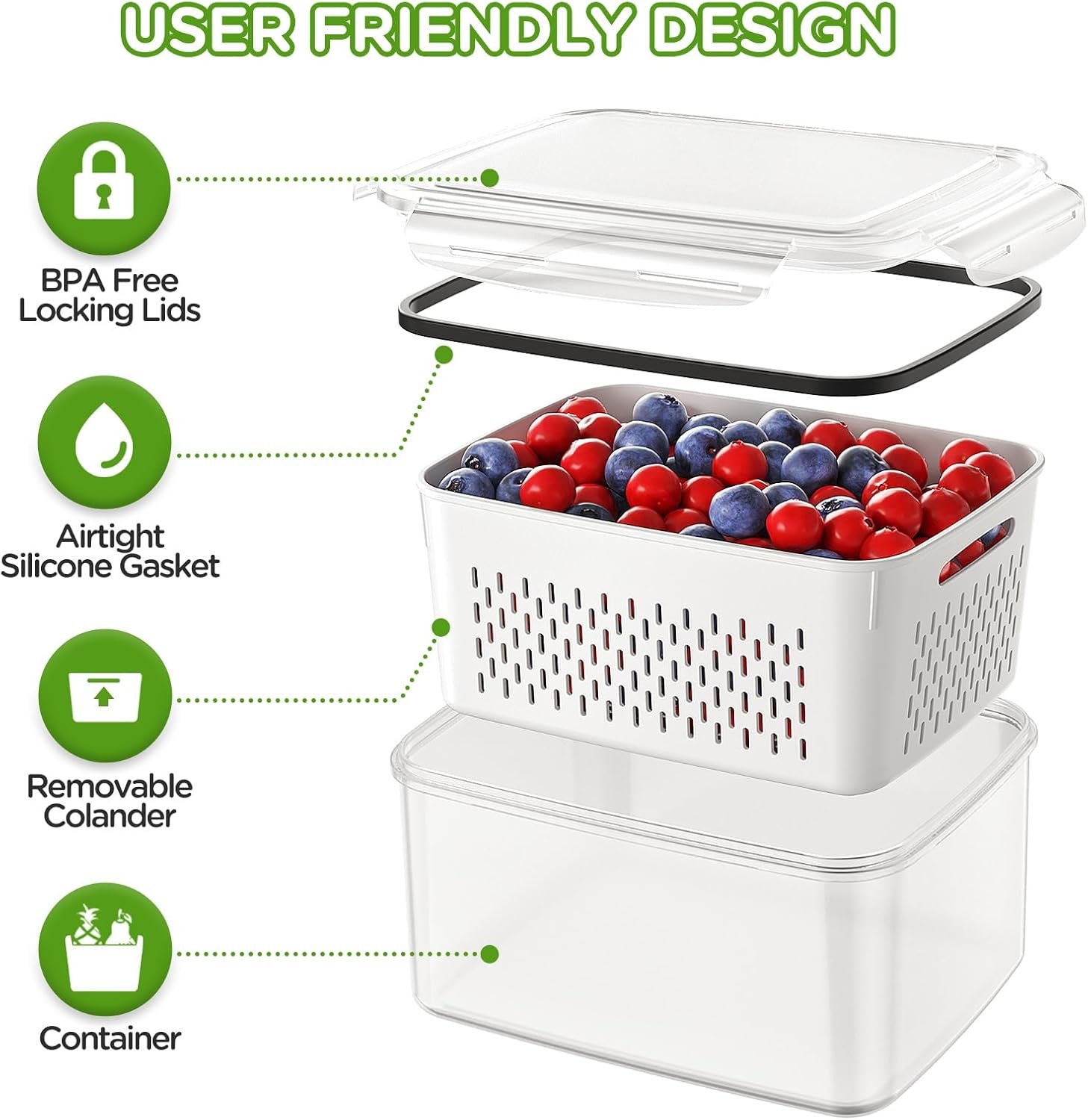 OEM 4-Piece Produce Storage Containers for Fridge with Removable Colander All-in-One Washing Bowl Strainer Microwave Dishwasher Safe for Berries Salad Lettuce Keeper Factory