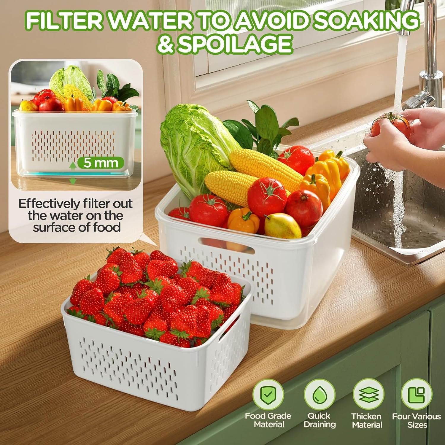 OEM 4-Piece Produce Storage Containers for Fridge with Removable Colander All-in-One Washing Bowl Strainer Microwave Dishwasher Safe for Berries Salad Lettuce Keeper Factory