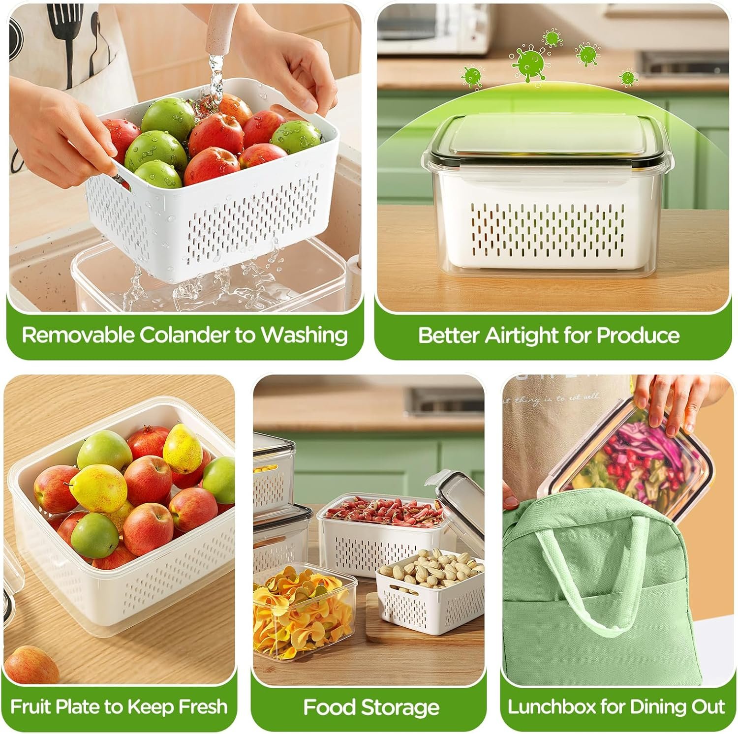 OEM 4-Piece Produce Storage Containers for Fridge with Removable Colander All-in-One Washing Bowl Strainer Microwave Dishwasher Safe for Berries Salad Lettuce Keeper Factory