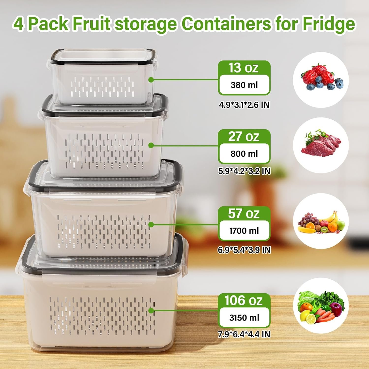 OEM 4-Piece Produce Storage Containers for Fridge with Removable Colander All-in-One Washing Bowl Strainer Microwave Dishwasher Safe for Berries Salad Lettuce Keeper Factory