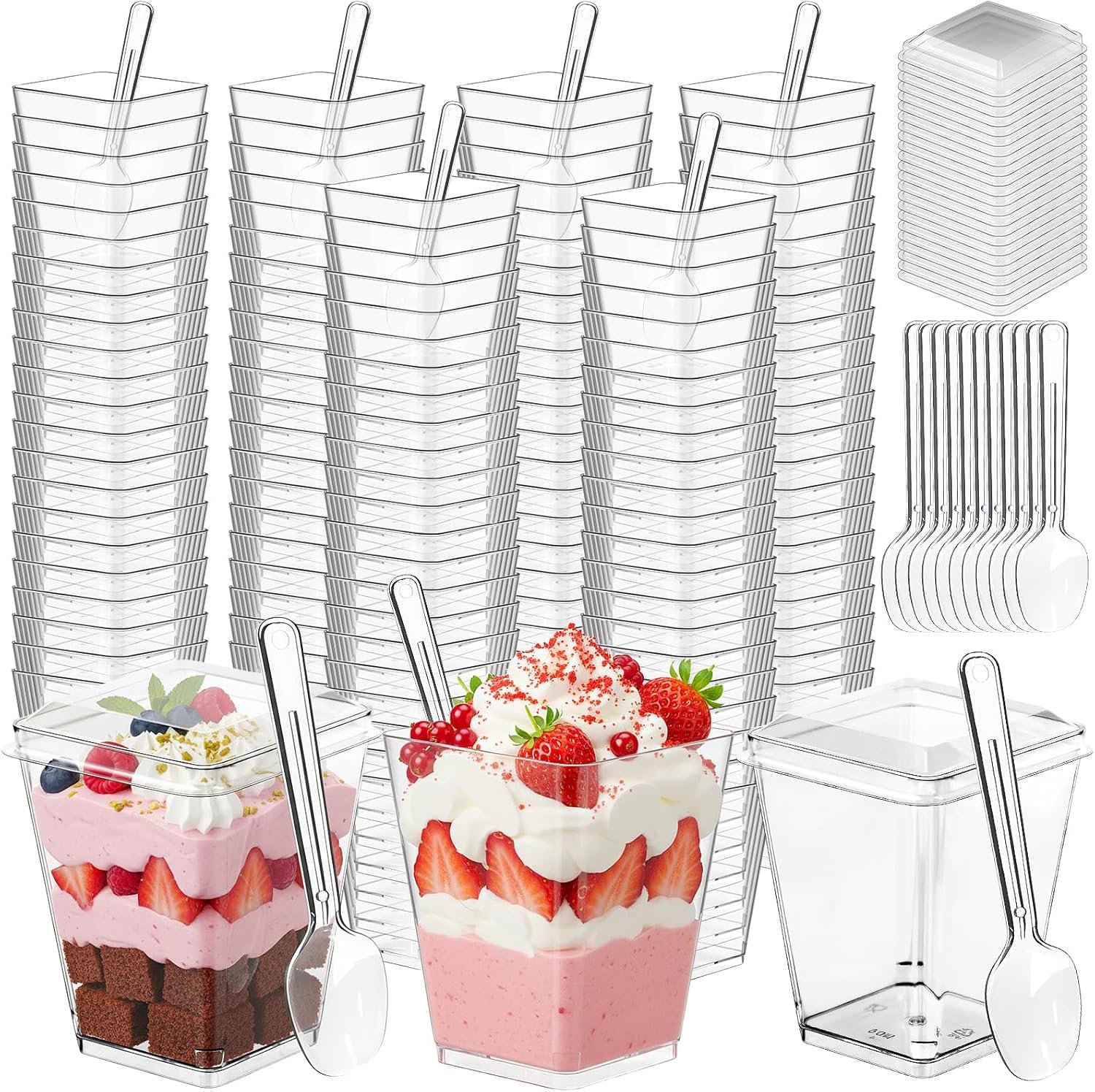 100 Pack 5 oz Clear Plastic Dessert Cups with Lids & Spoons, Reusable Parfait & Appetizer Cups, Mini Dessert Shooters for Pudding, Yogurt, Jello, Ice Cream, Trifle & Fruit, For Party & Wedding