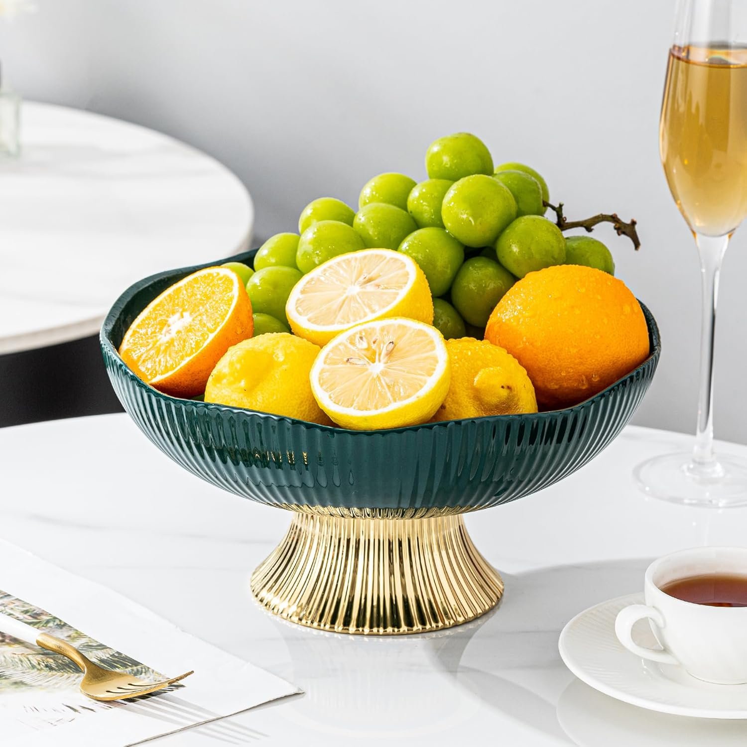 OEM 10-Inch Green Ceramic Pedestal Fruit Bowl with Golden Feet, Decorated Tray for Kitchen Counter, Dining Table, Tea Parties, Bread & Salad Factory
